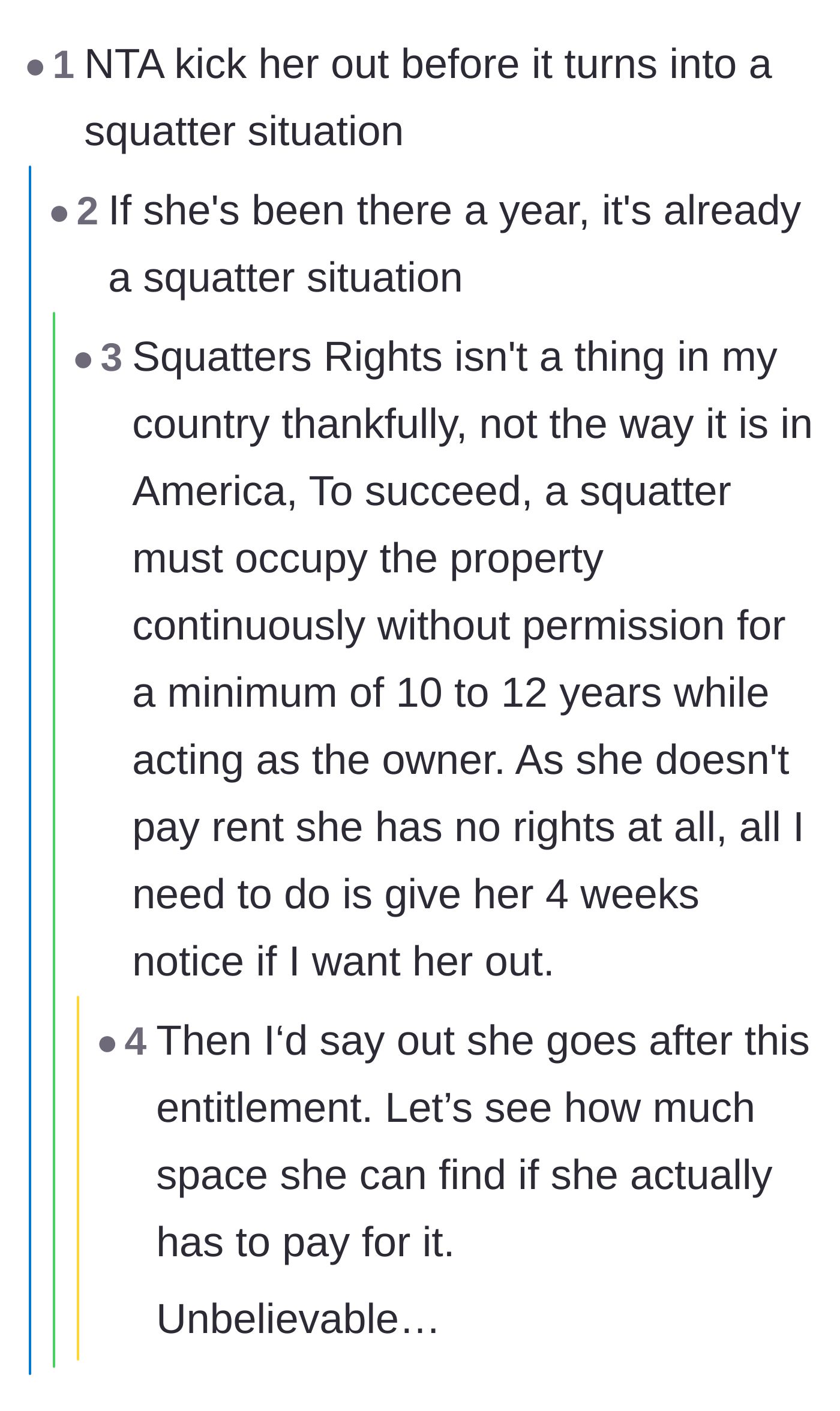 Comment thread 4 - A debate over squatter's rights prompts the homeowner to clarify local eviction laws, to the massive relief of the community.
