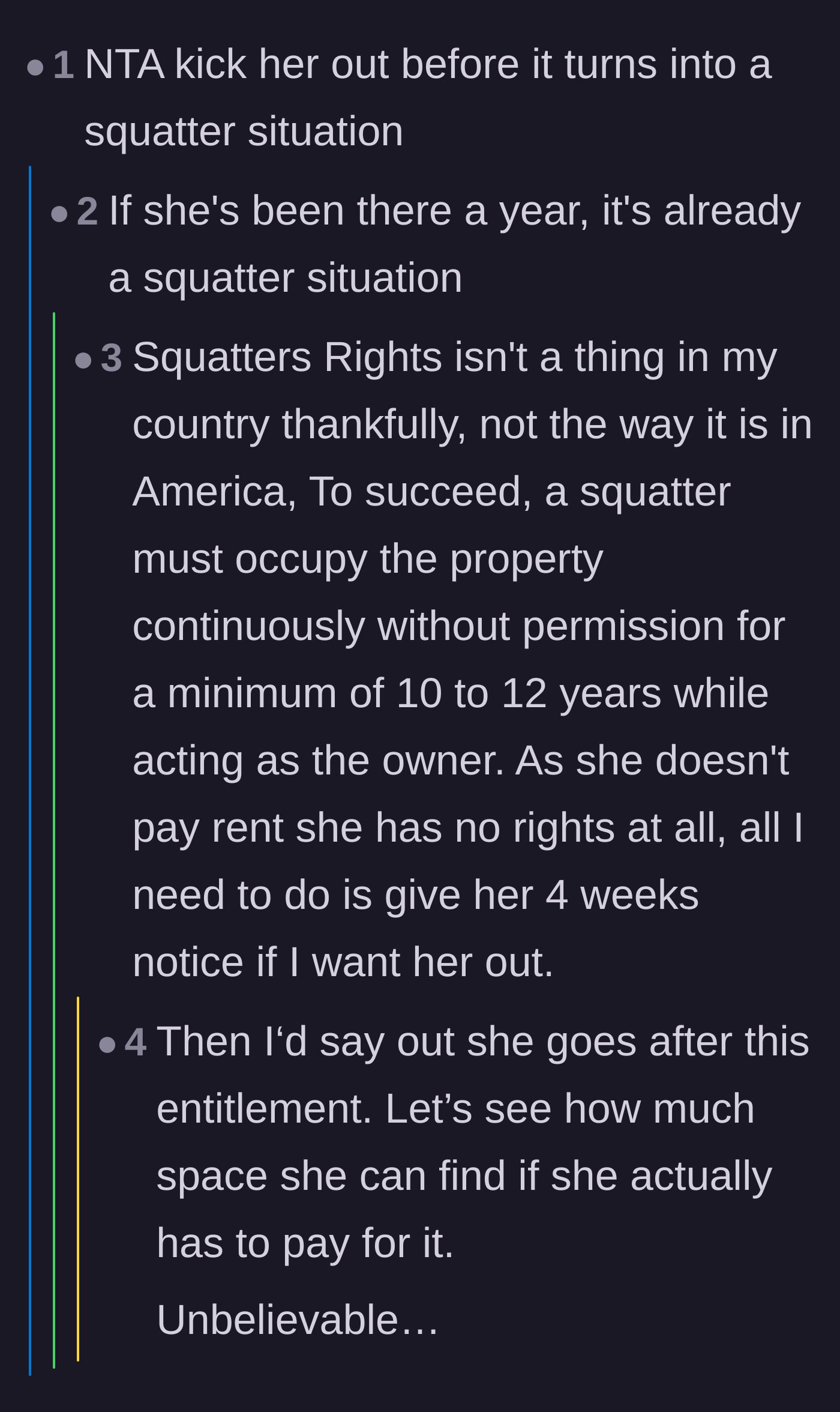 Comment thread 4 - A debate over squatter's rights prompts the homeowner to clarify local eviction laws, to the massive relief of the community.