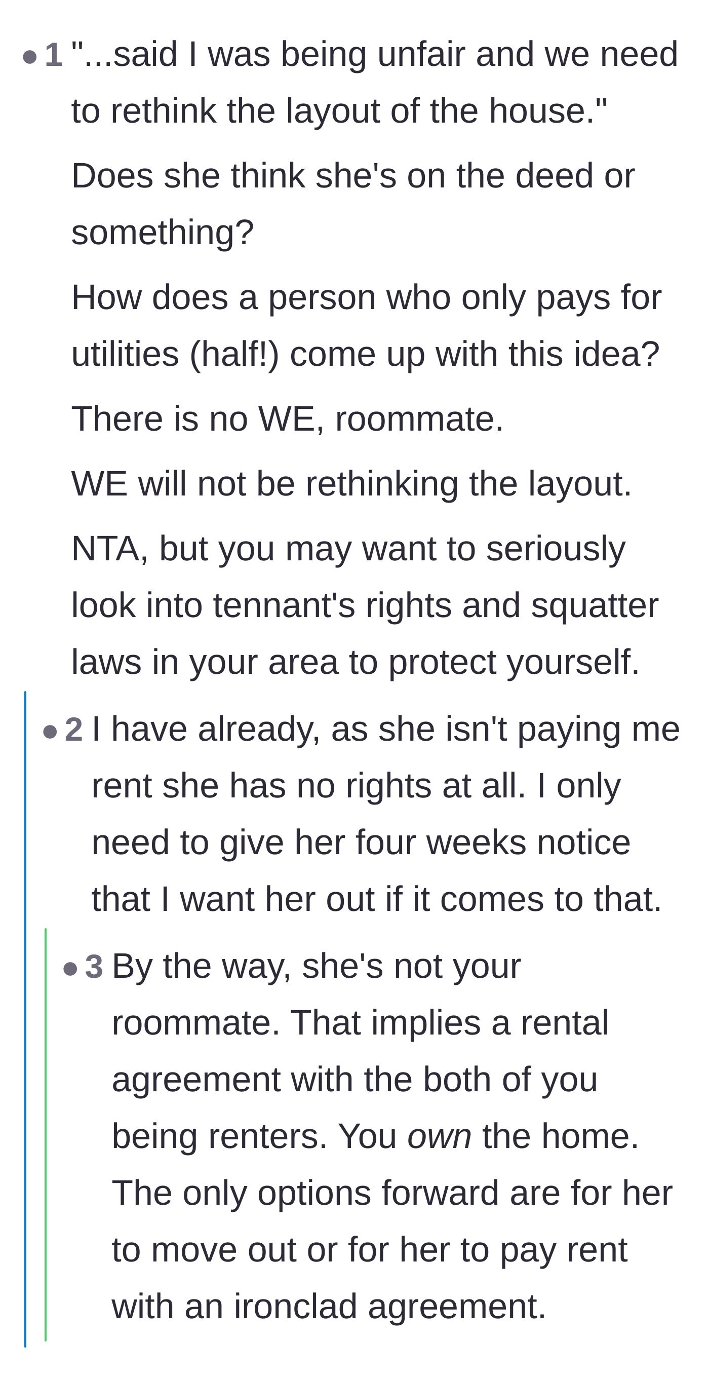 Comment thread 6 - Commenters tear apart the roommate's use of the word 'we' regarding the house layout, clarifying that she is merely a temporary lodger.