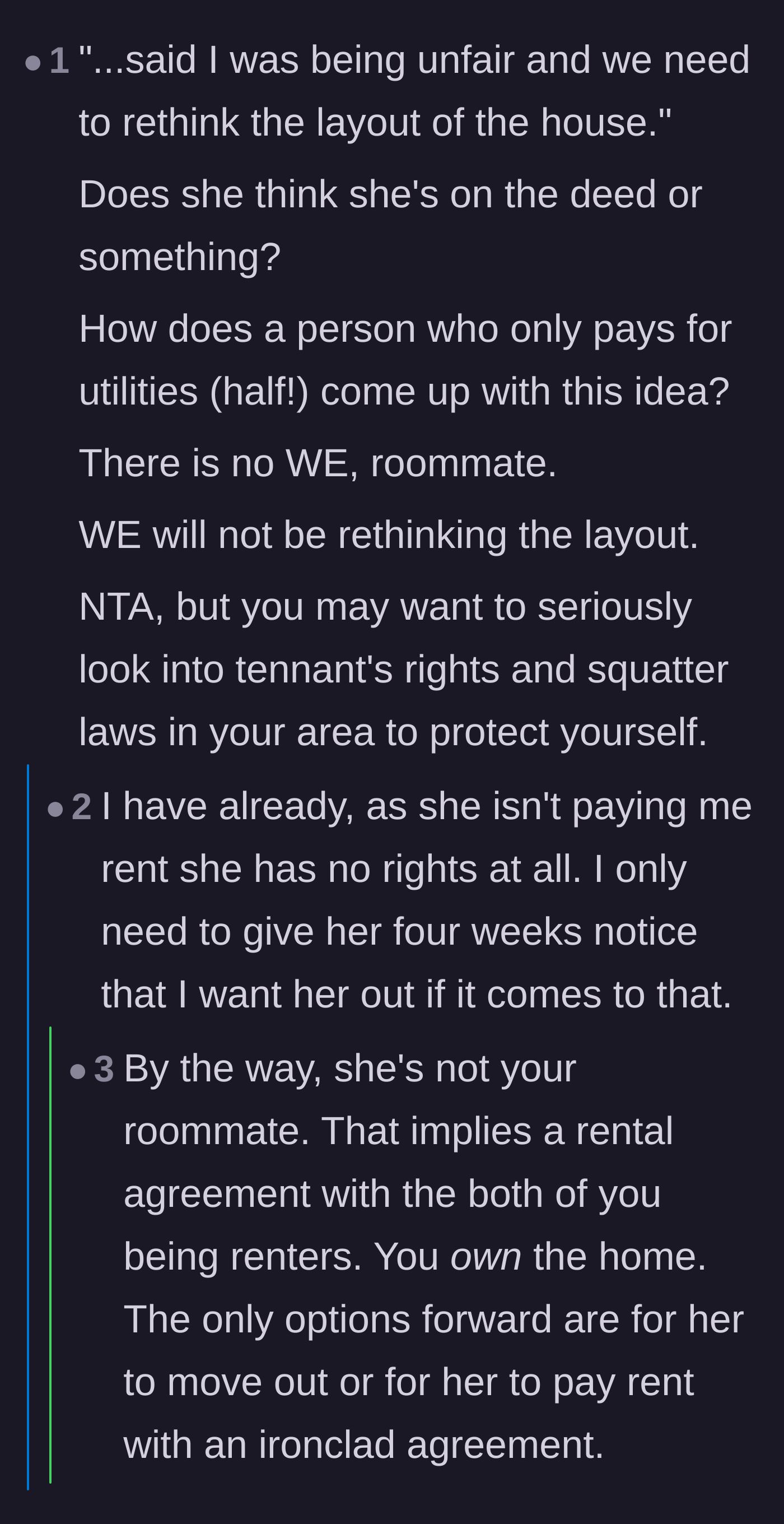 Comment thread 6 - Commenters tear apart the roommate's use of the word 'we' regarding the house layout, clarifying that she is merely a temporary lodger.