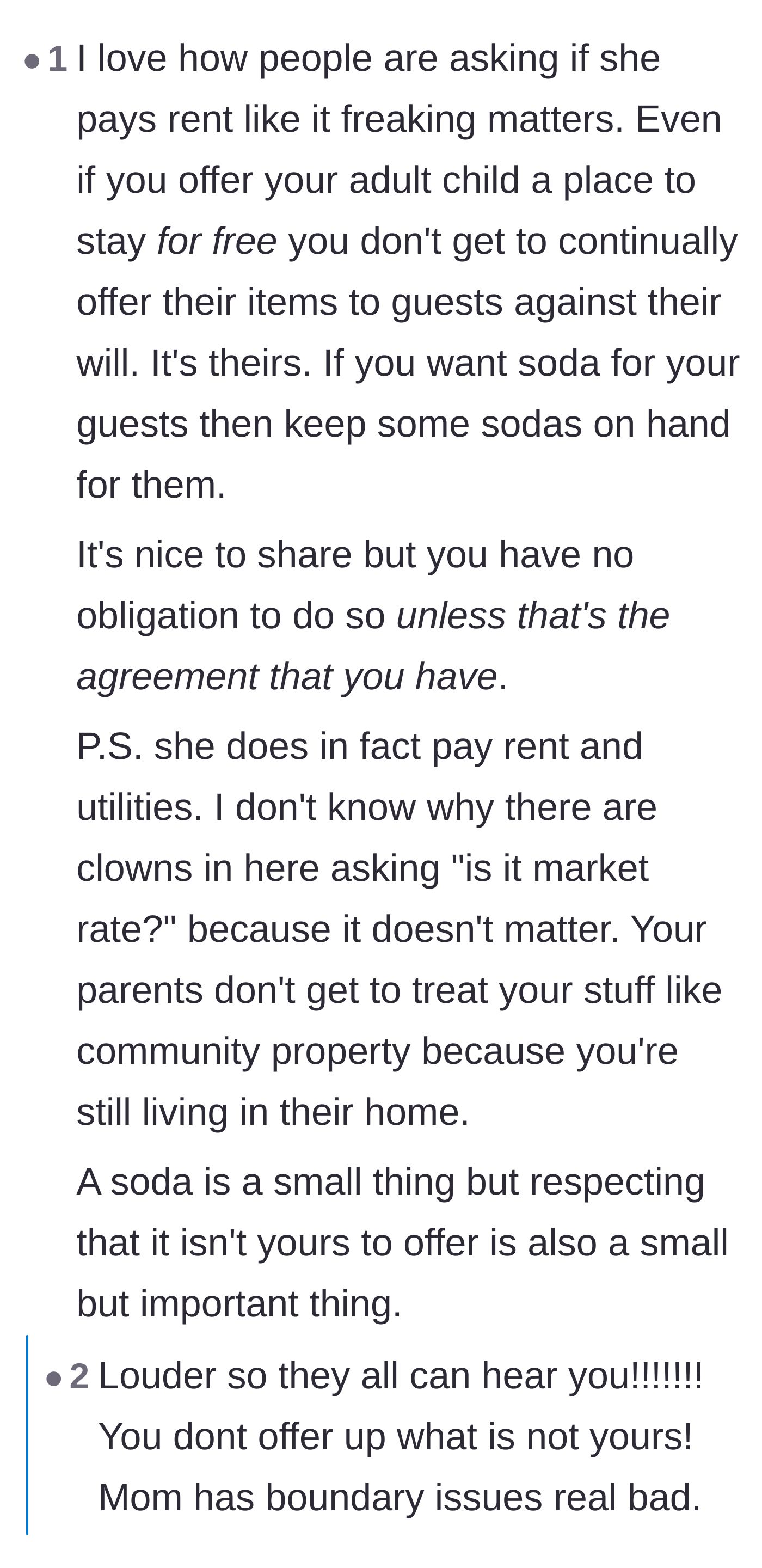 Comment thread 1 - Debate on why paying rent doesn't change a parent's obligation to respect their adult child's property.