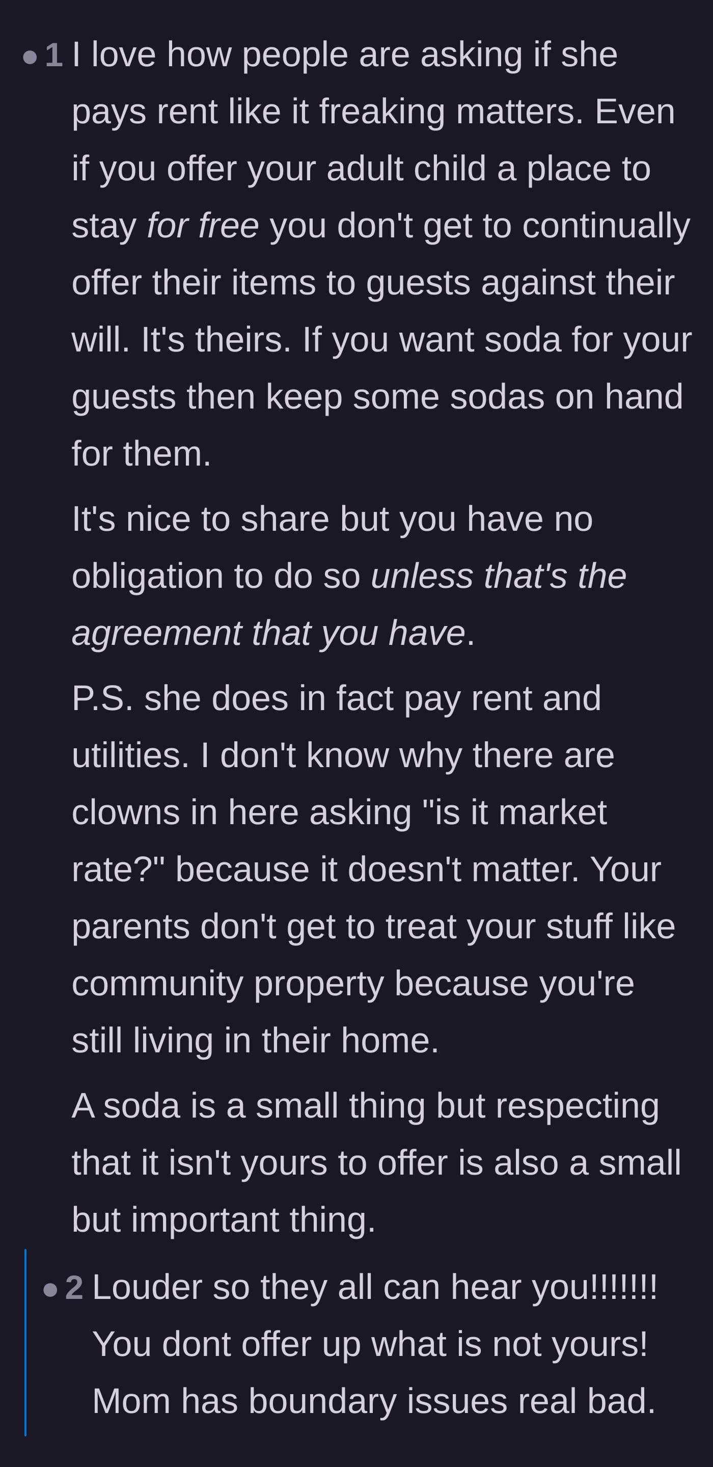 Comment thread 1 - Debate on why paying rent doesn't change a parent's obligation to respect their adult child's property.