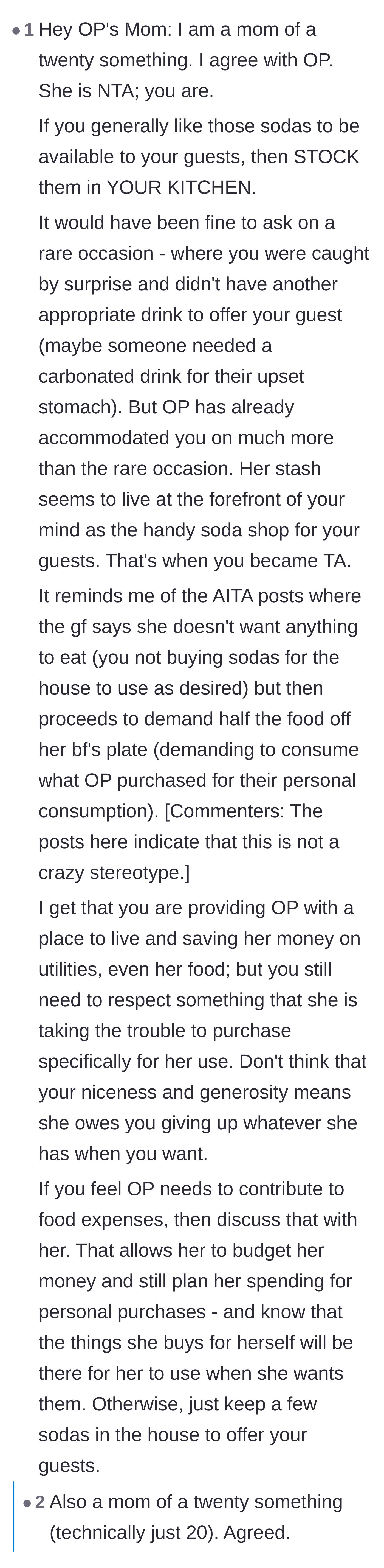 Comment thread 6 - Another mother of an adult child steps in to explain how she respects her son's groceries.