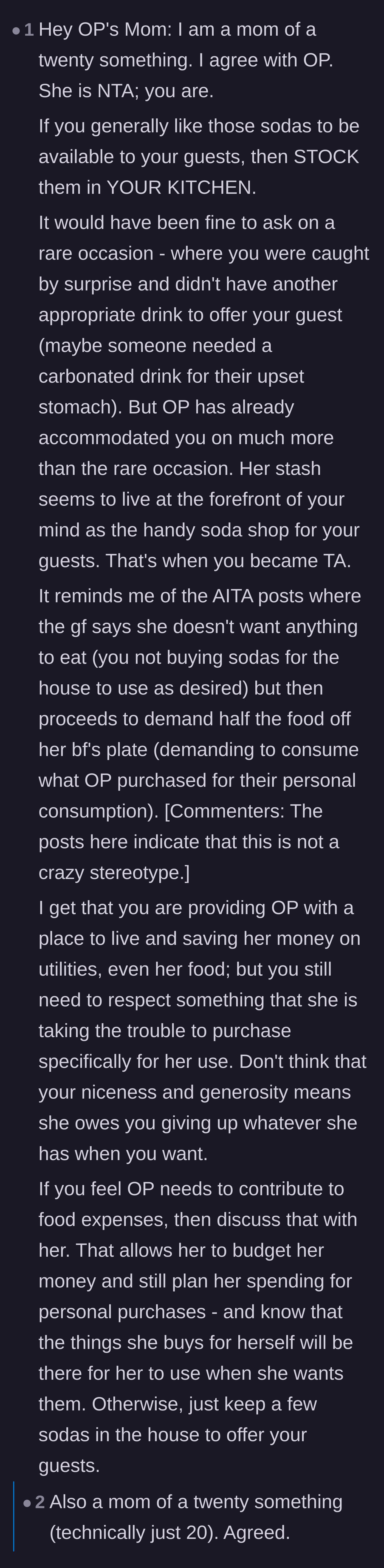 Comment thread 6 - Another mother of an adult child steps in to explain how she respects her son's groceries.