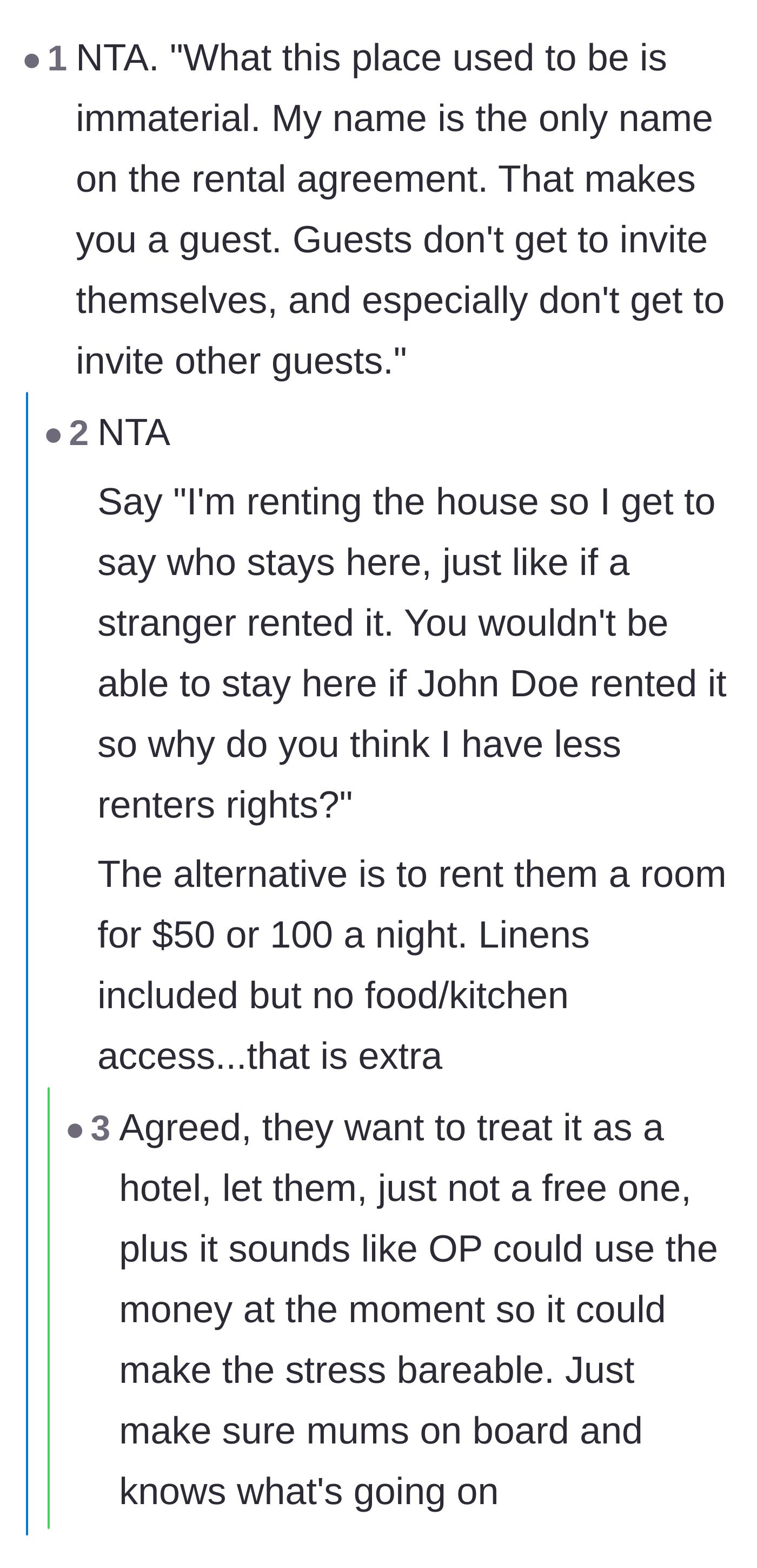 Comment thread 1 - Suggesting the tenant start charging her sister a nightly hotel rate.