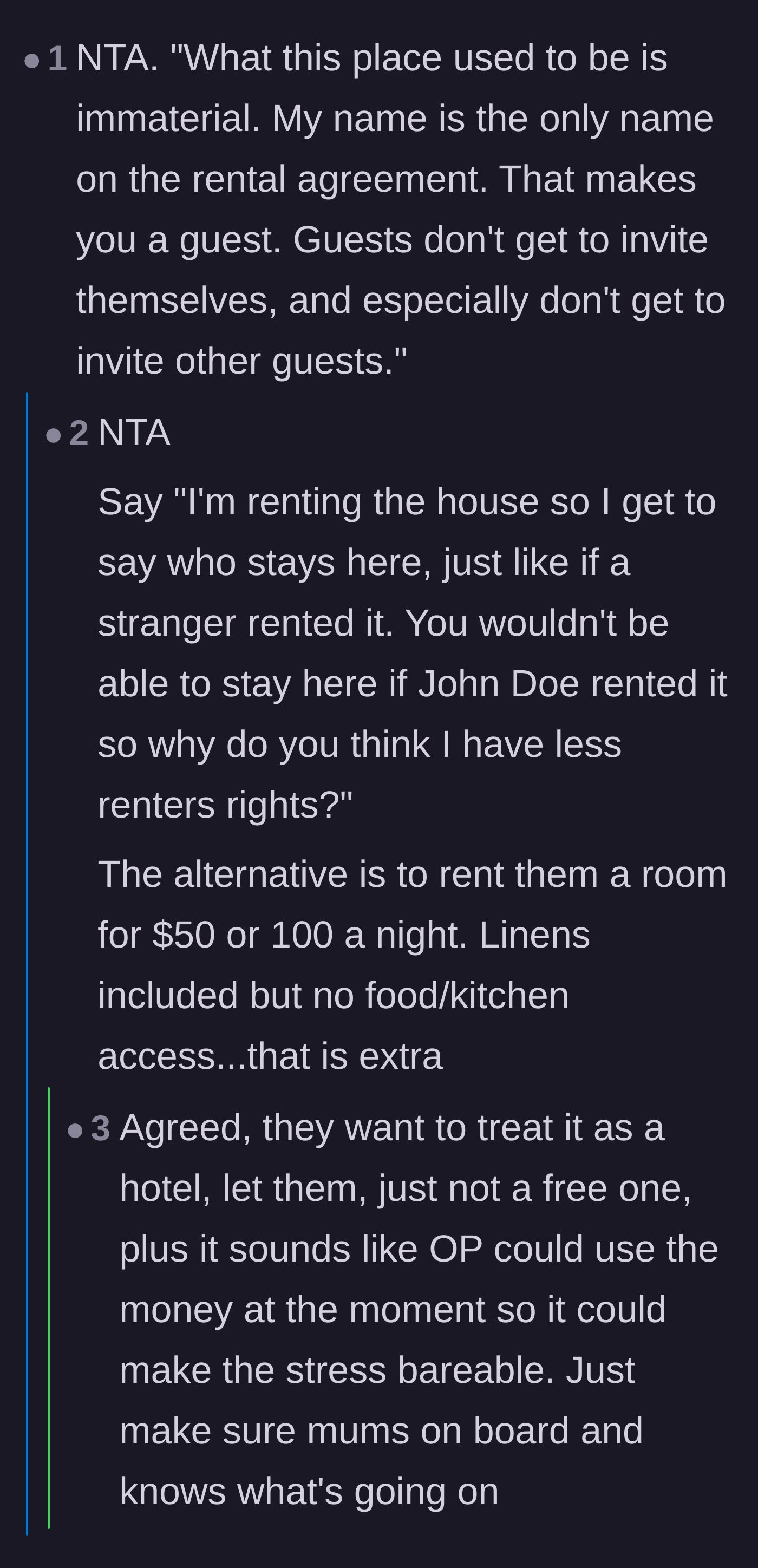 Comment thread 1 - Suggesting the tenant start charging her sister a nightly hotel rate.