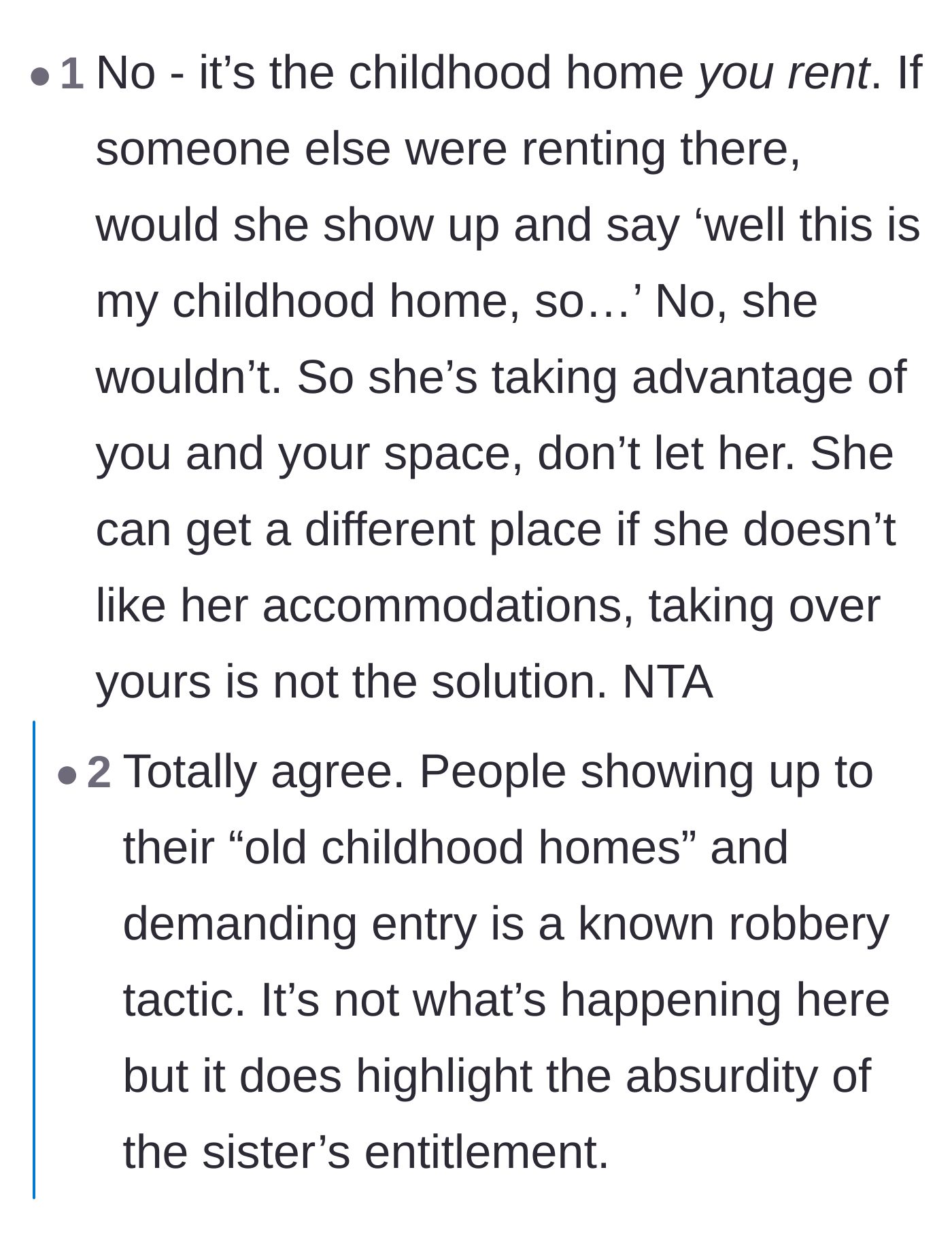 Comment thread 2 - Comparing the sister's entitlement to barging in on a random stranger's rental.