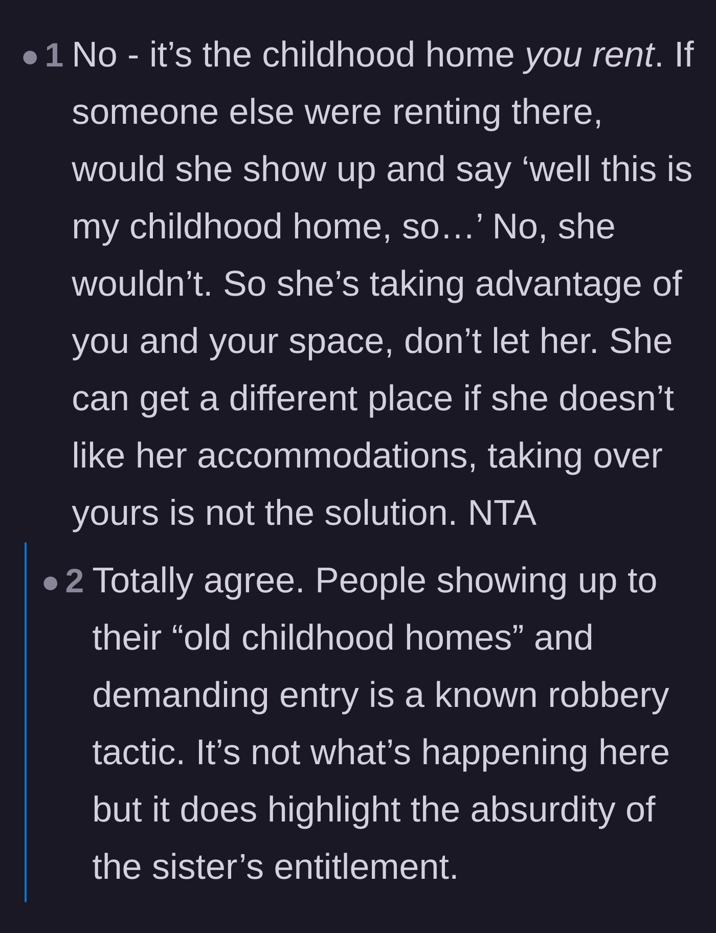 Comment thread 2 - Comparing the sister's entitlement to barging in on a random stranger's rental.