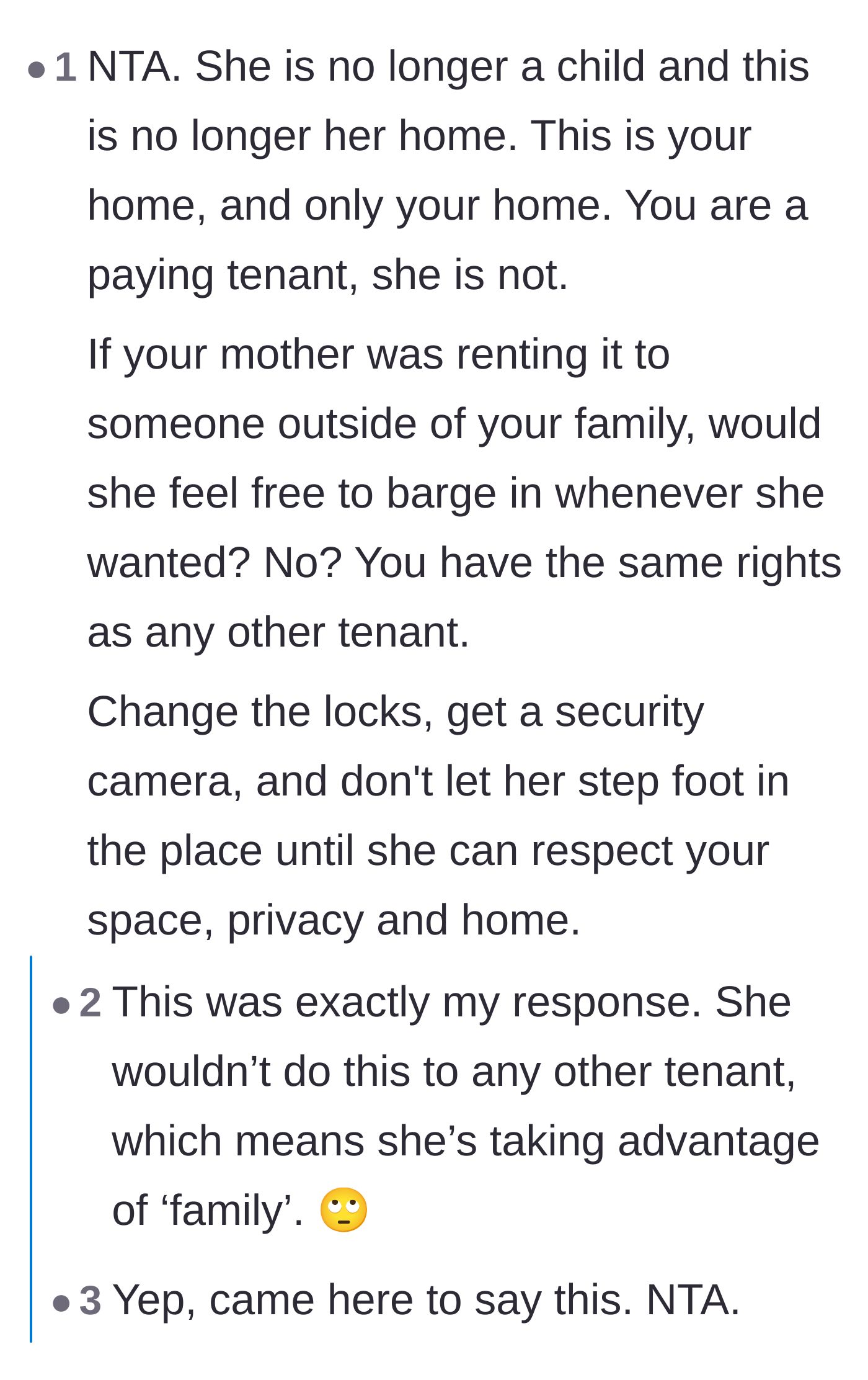Comment thread 3 - Recommending the tenant change the locks and install security cameras to keep the sister out.