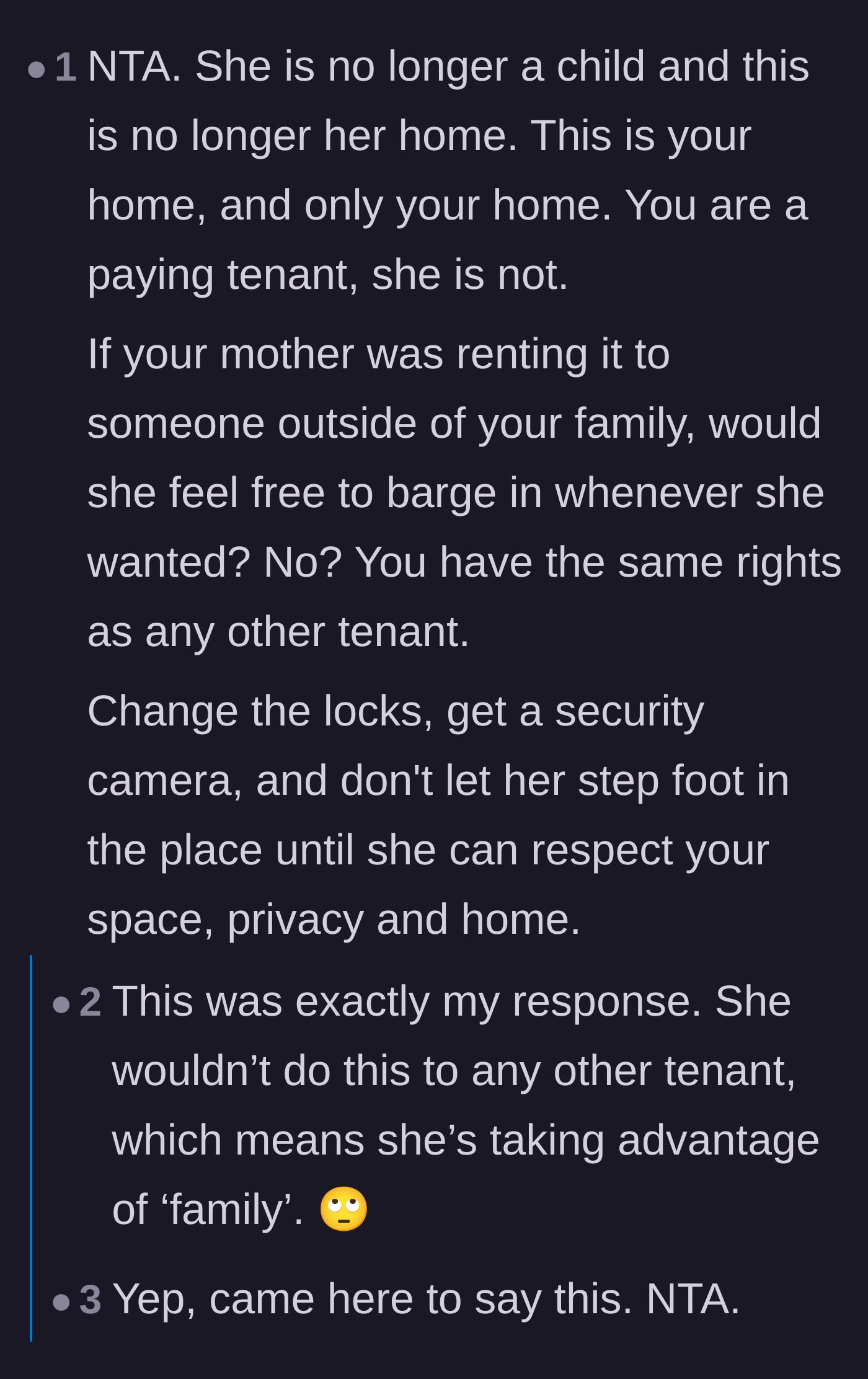 Comment thread 3 - Recommending the tenant change the locks and install security cameras to keep the sister out.