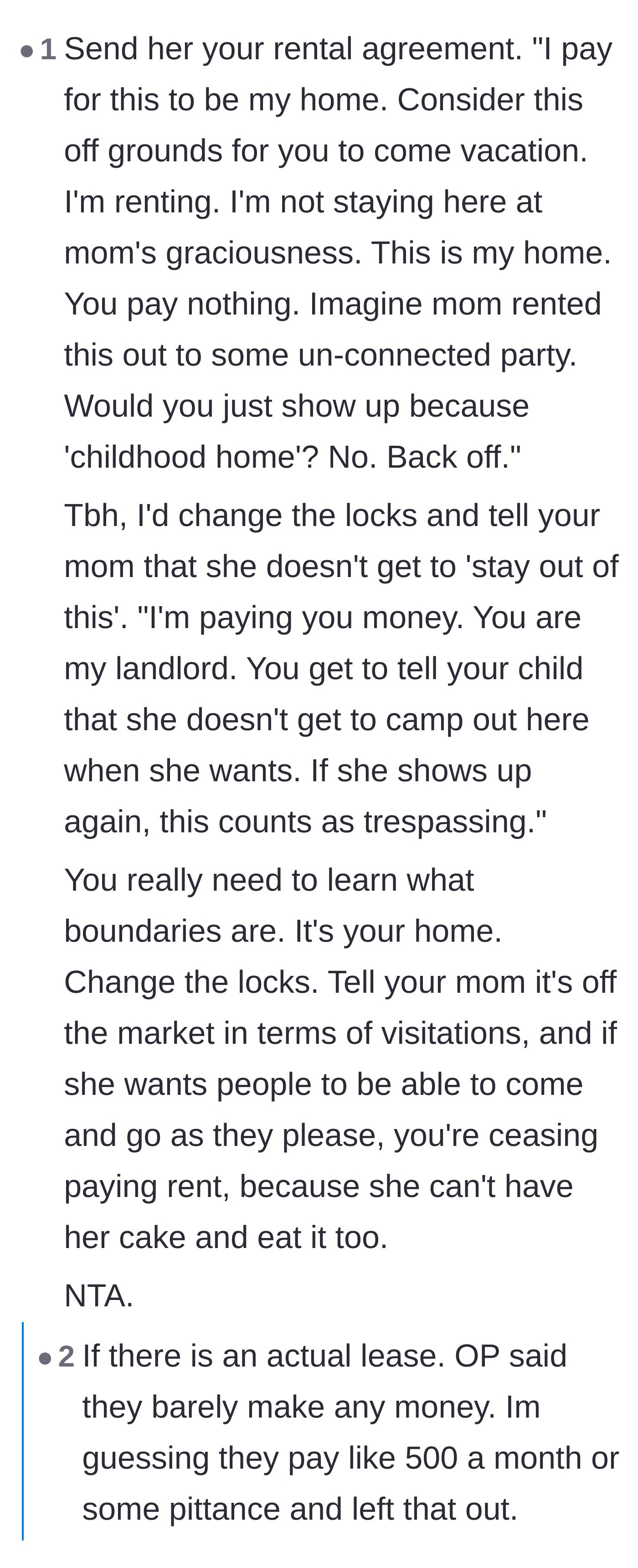 Comment thread 5 - Debating tenant rights, eviction threats, and holding the passive landlord mother accountable.