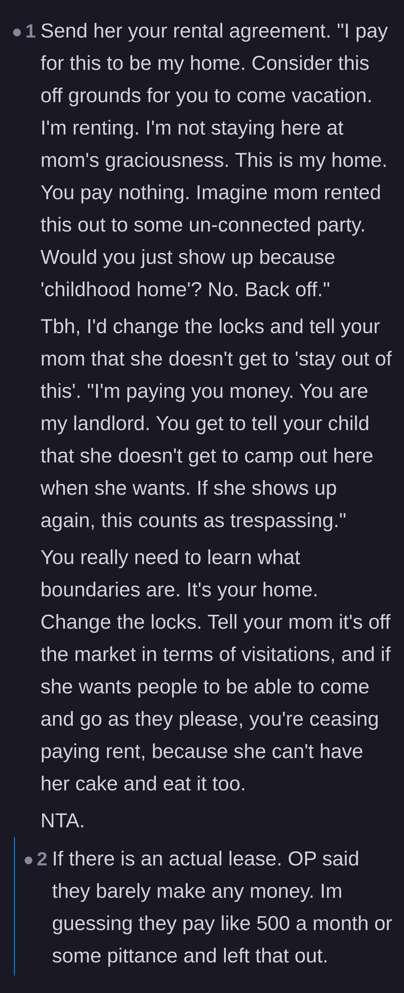 Comment thread 5 - Debating tenant rights, eviction threats, and holding the passive landlord mother accountable.