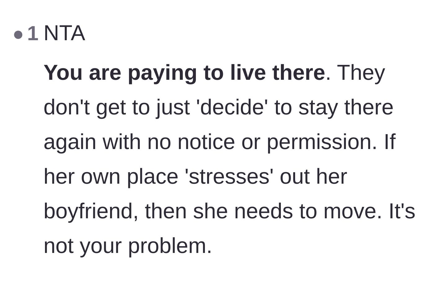 Comment thread 6 - Pointing out that the sister's boyfriend's housing stress is entirely her own problem to solve.