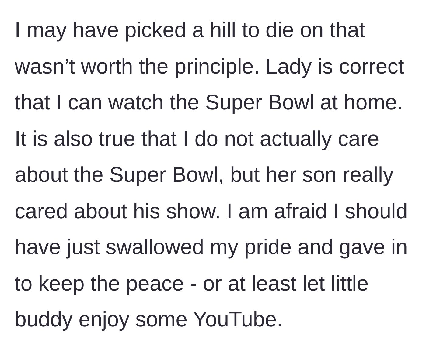 Story part 10 - The main character reflecting on the incident, feeling guilty about the child and wondering if she was too petty.