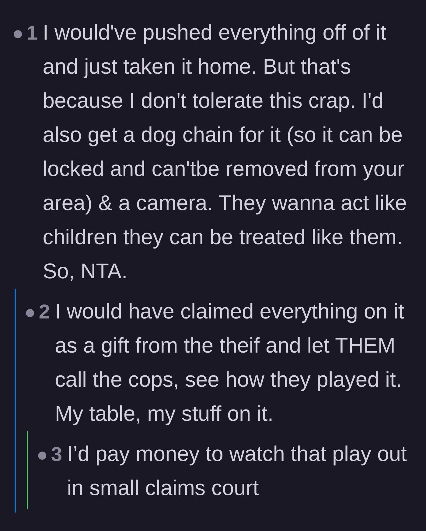 Comment thread 2 - Suggesting locking down the patio and turning the tables on the thief's merchandise