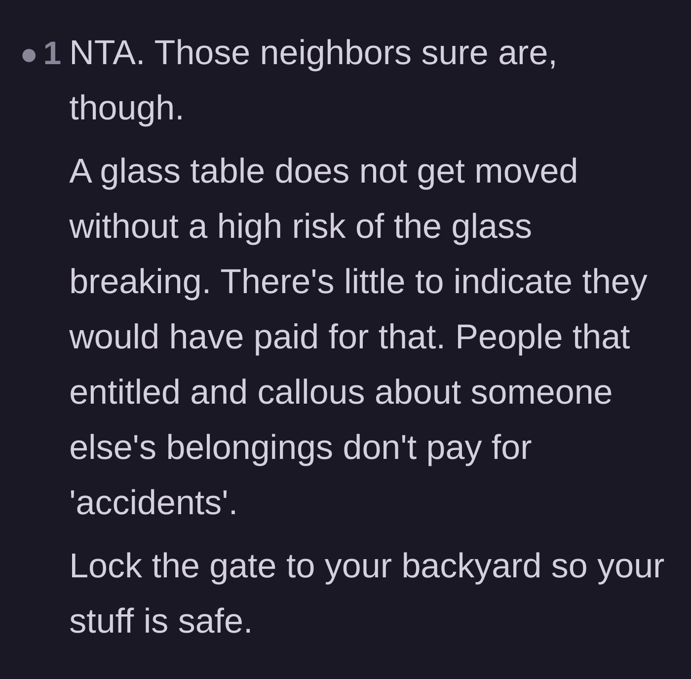 Comment thread 3 - Highlighting the risk of breaking the glass table and the neighbor's lack of accountability