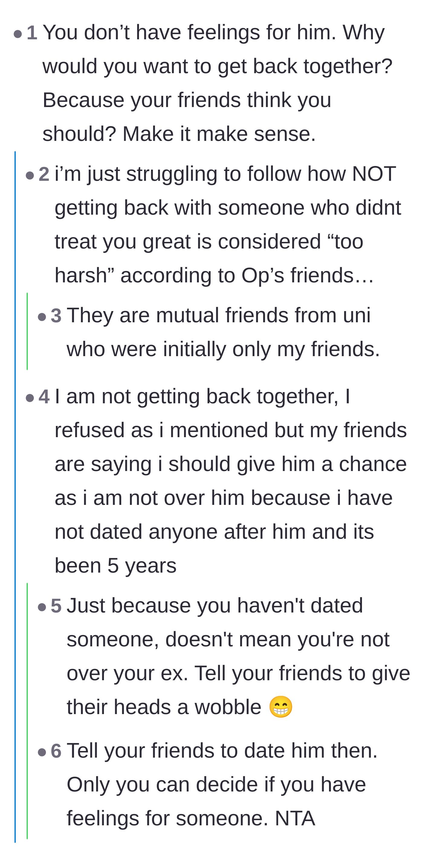 Comment thread 1 - Readers dissecting the toxic logic of her mutual friends and defending her right to stay single