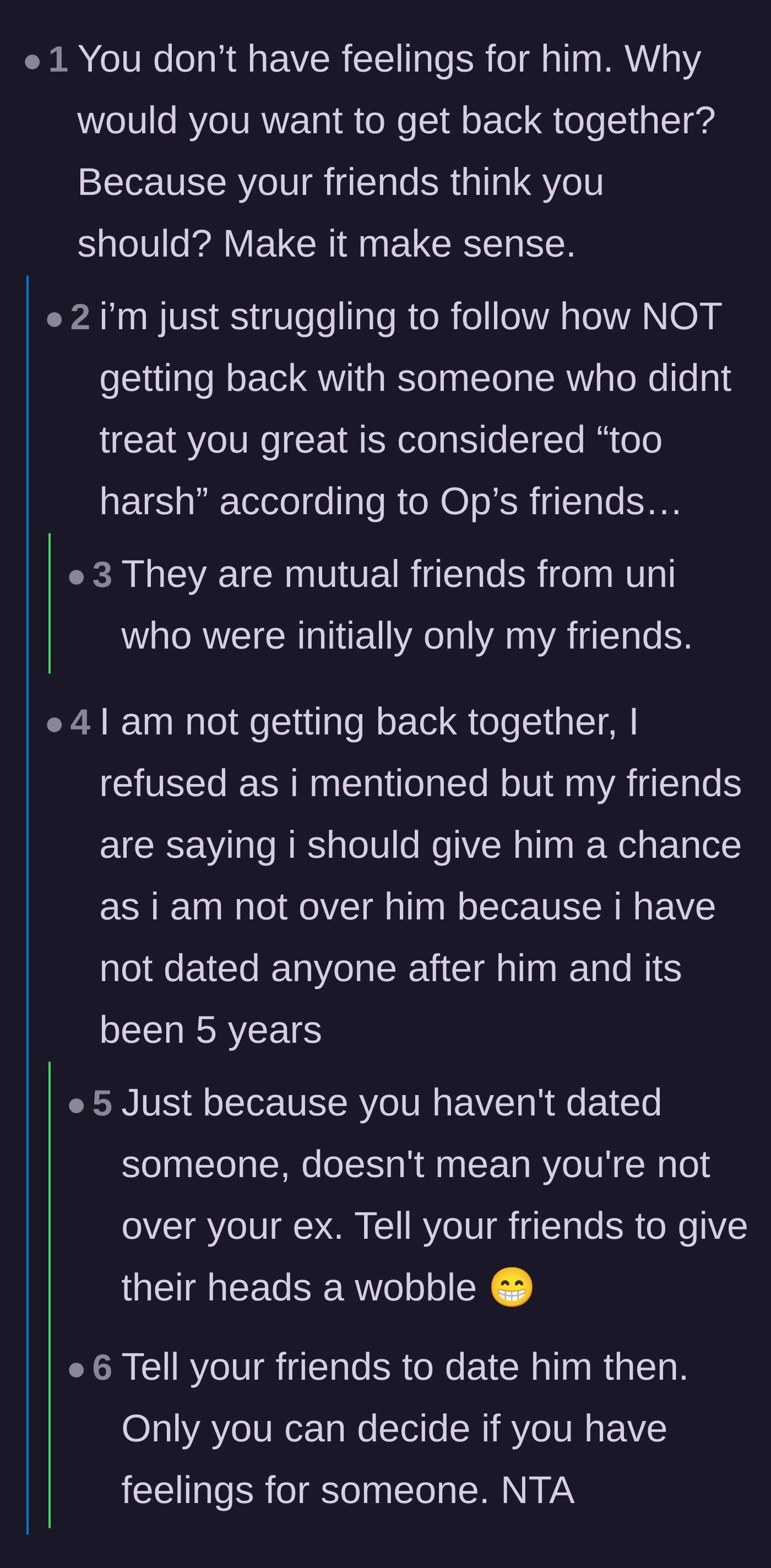 Comment thread 1 - Readers dissecting the toxic logic of her mutual friends and defending her right to stay single