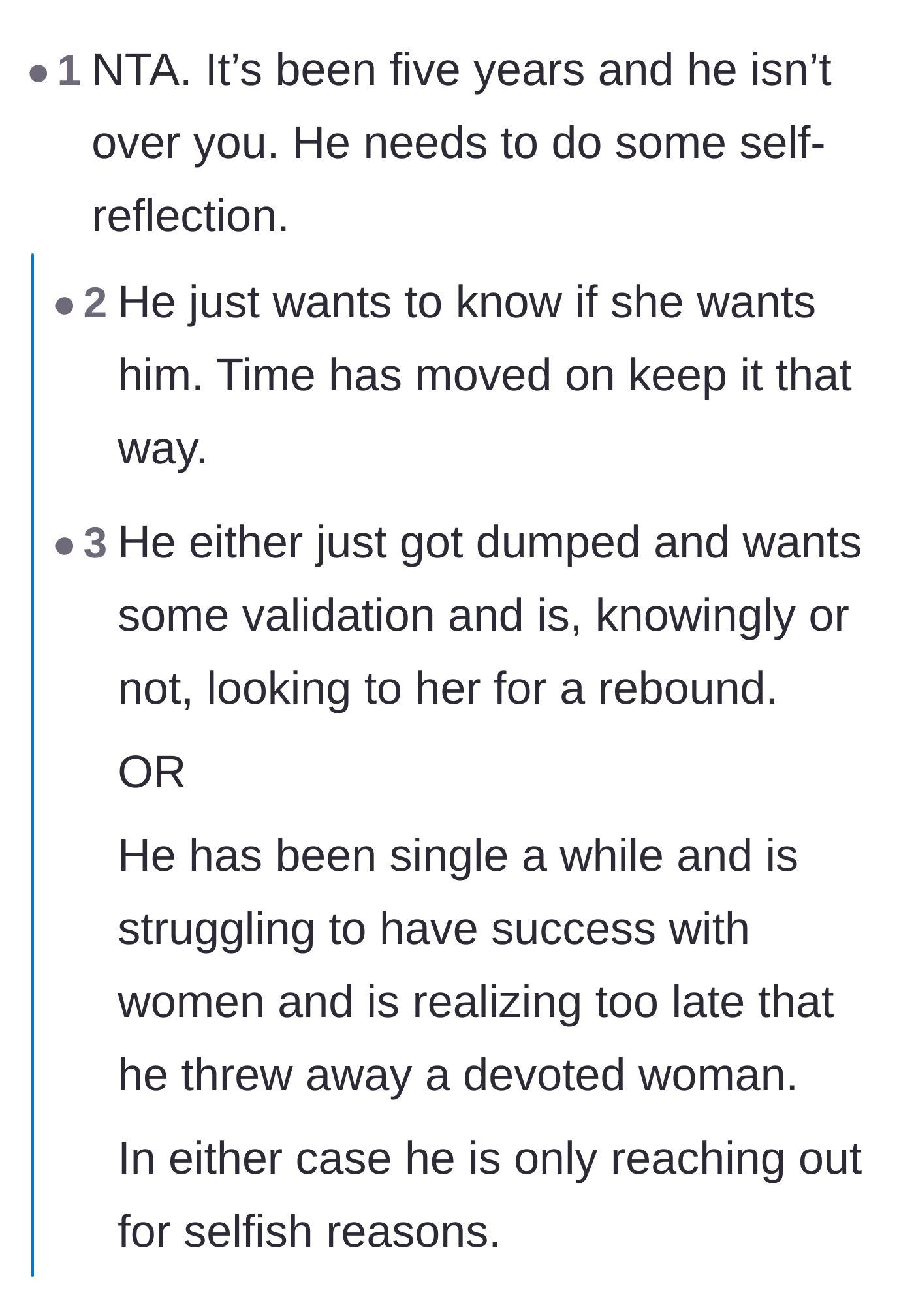 Comment thread 3 - Users theorizing the selfish motives behind the ex's sudden reappearance after five years