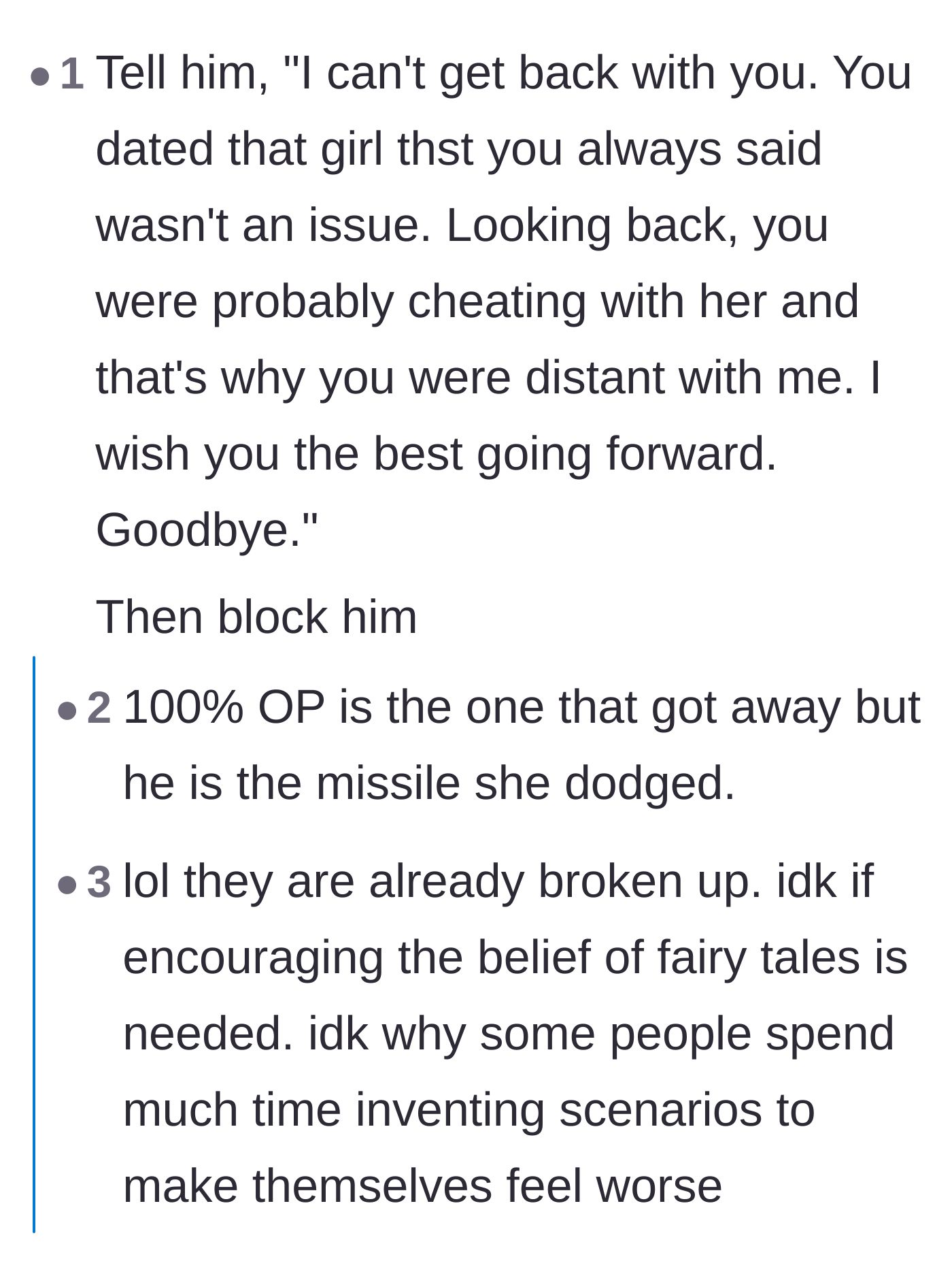 Comment thread 4 - Commenters pointing out that he likely manipulated her into initiating the breakup so he could date his friend