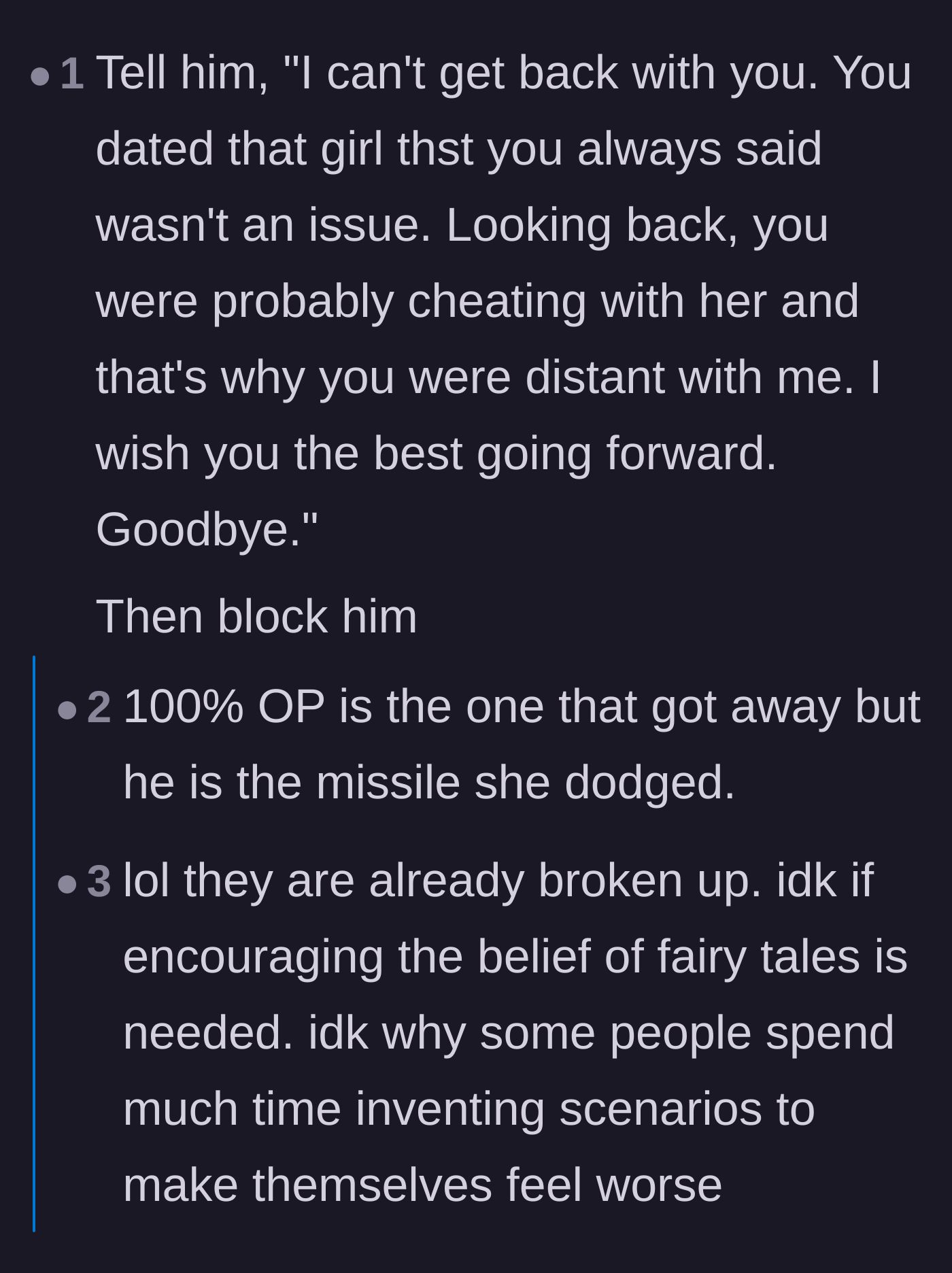 Comment thread 4 - Commenters pointing out that he likely manipulated her into initiating the breakup so he could date his friend