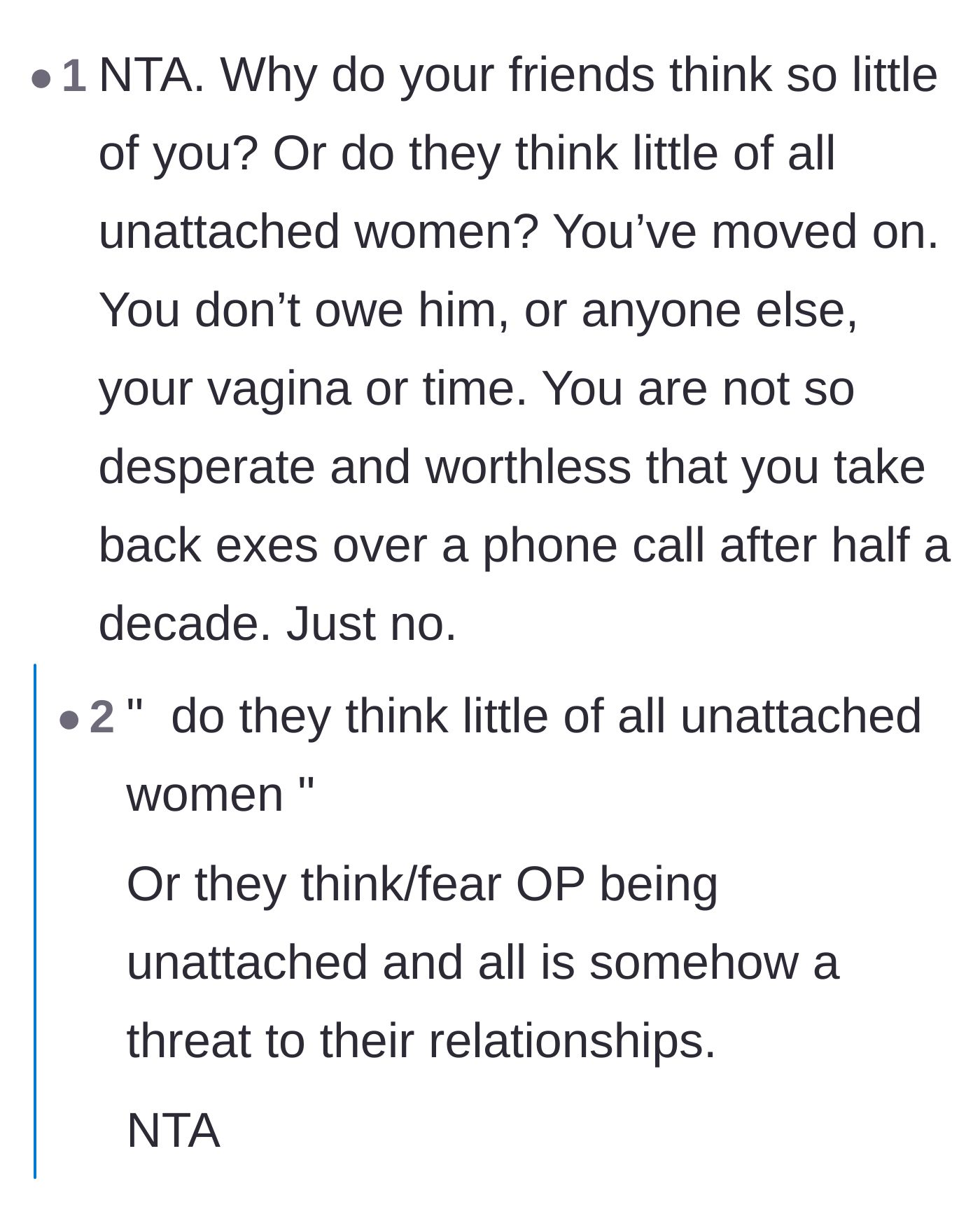 Comment thread 6 - A deep dive into why toxic friends view happily unattached women as a problem to be solved