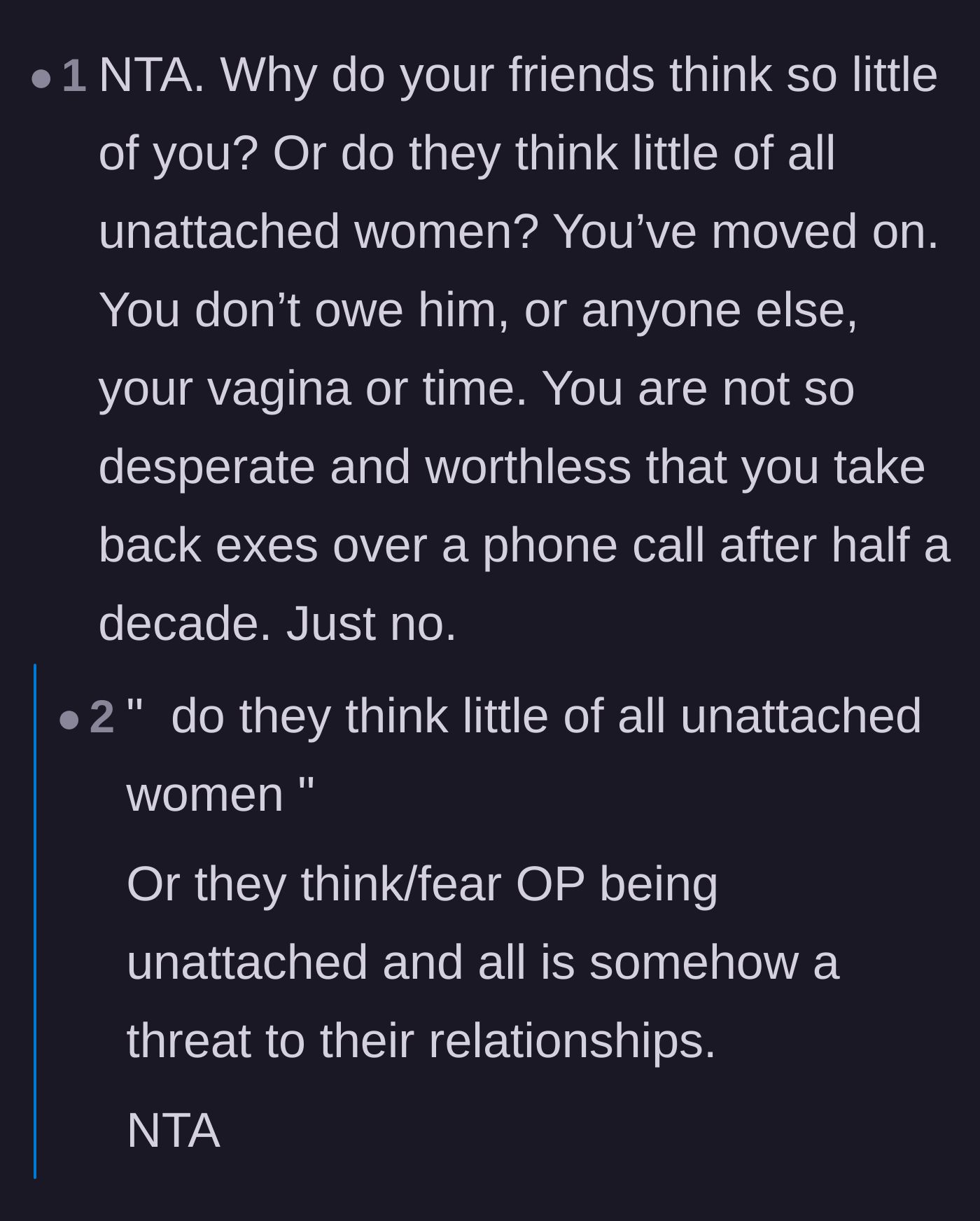 Comment thread 6 - A deep dive into why toxic friends view happily unattached women as a problem to be solved