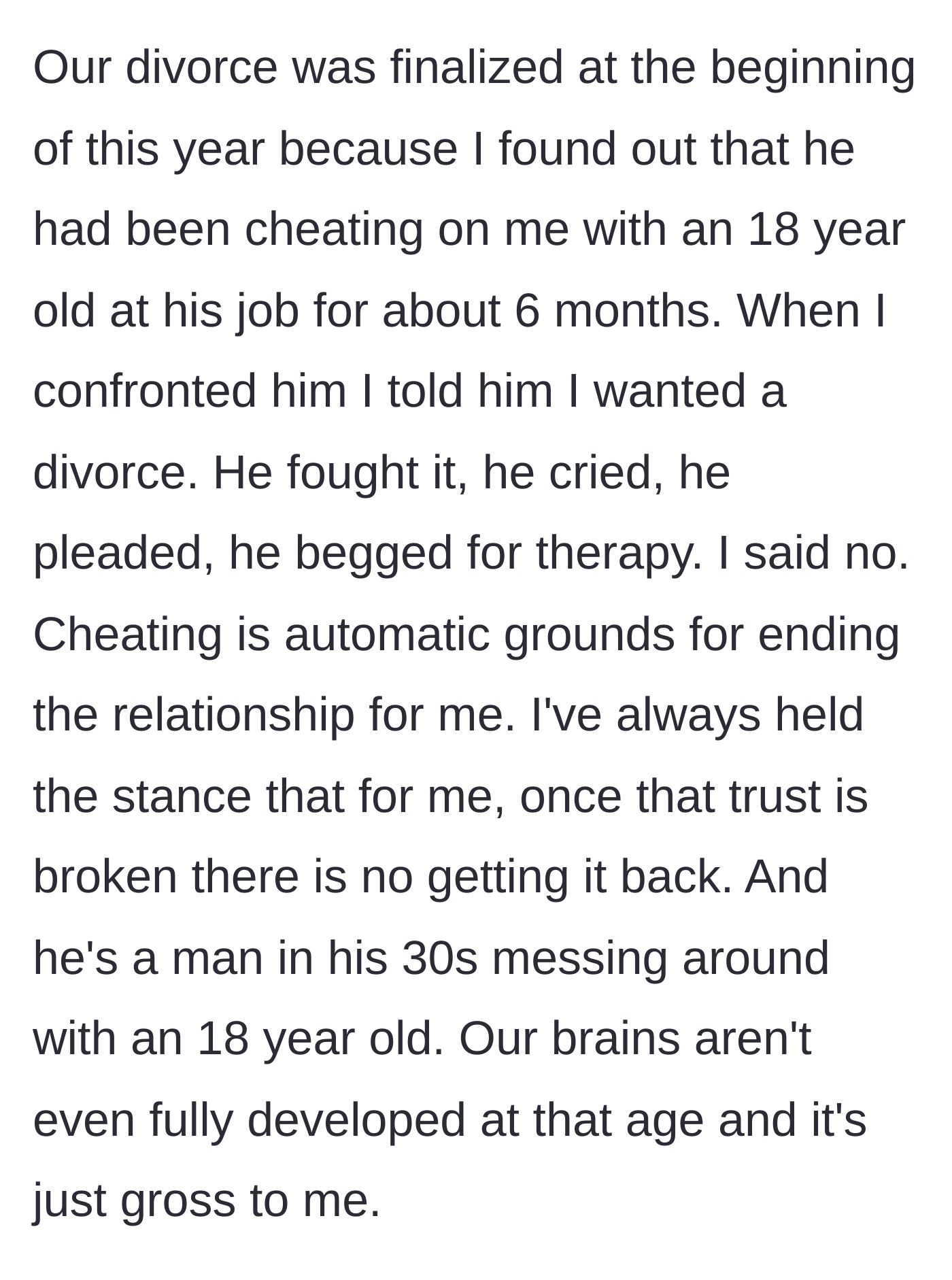 Story part 2 - The revelation of the 33-year-old husband's six-month affair with an 18-year-old coworker.