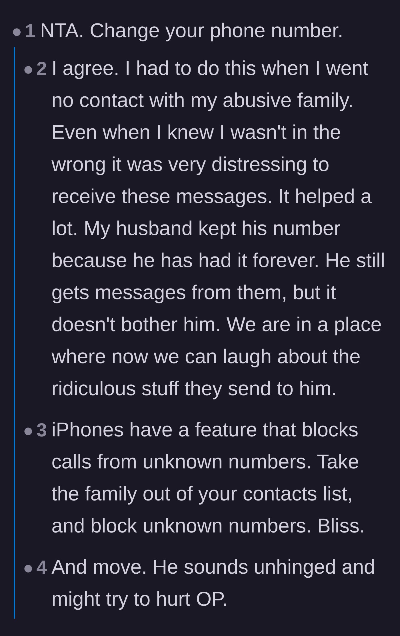 Comment thread 1 - Advice on changing phone numbers and moving for safety from an unhinged ex