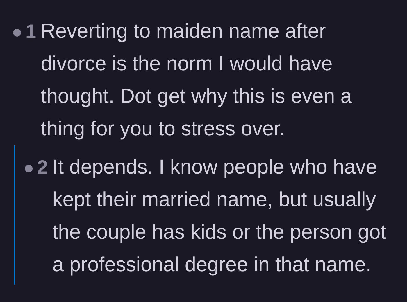 Comment thread 2 - Discussion on how reverting to a maiden name after divorce is standard practice