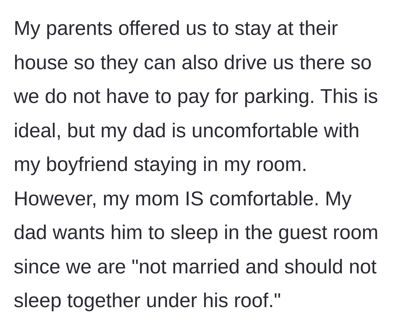 Story part 2 - The parents offering to host and the dad's strict, old-school separate rooms rule for the couple.