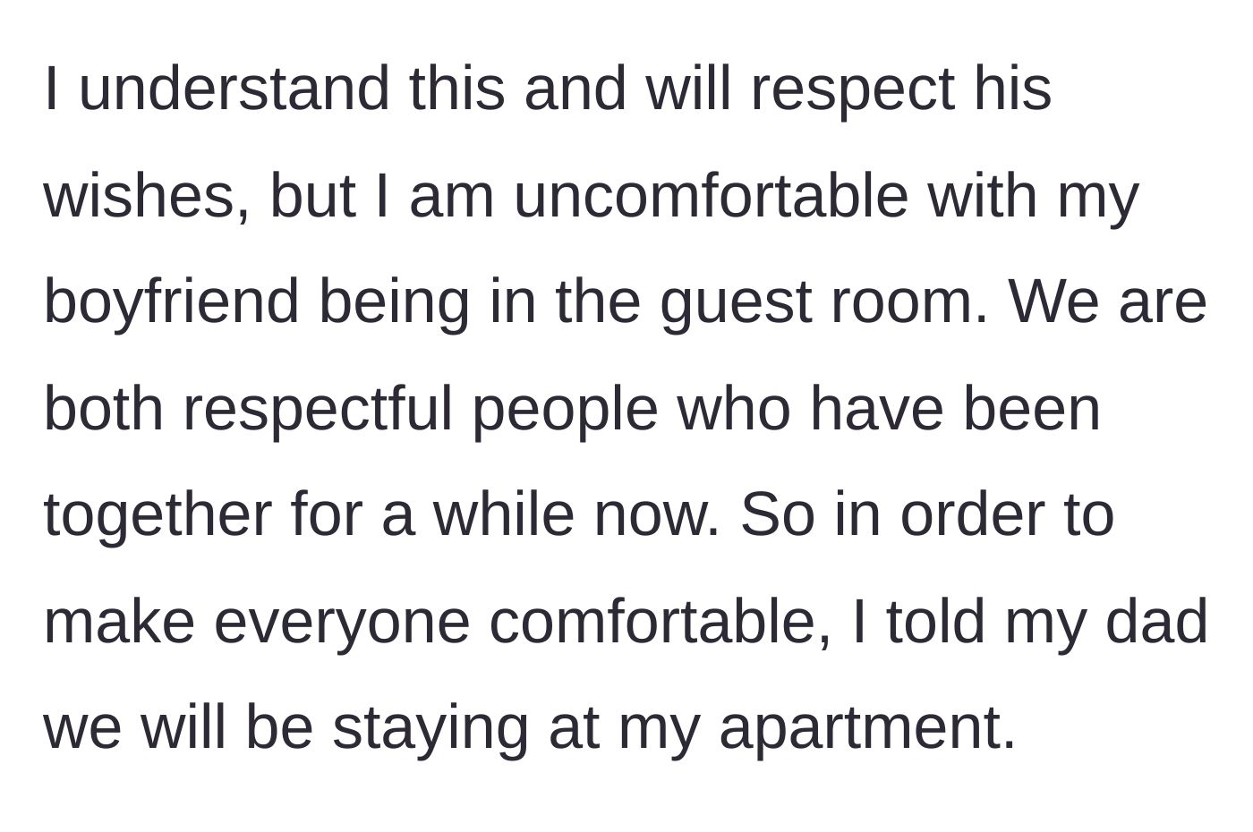 Story part 3 - The daughter politely declining the offer and choosing to stay at her own apartment to keep the peace.