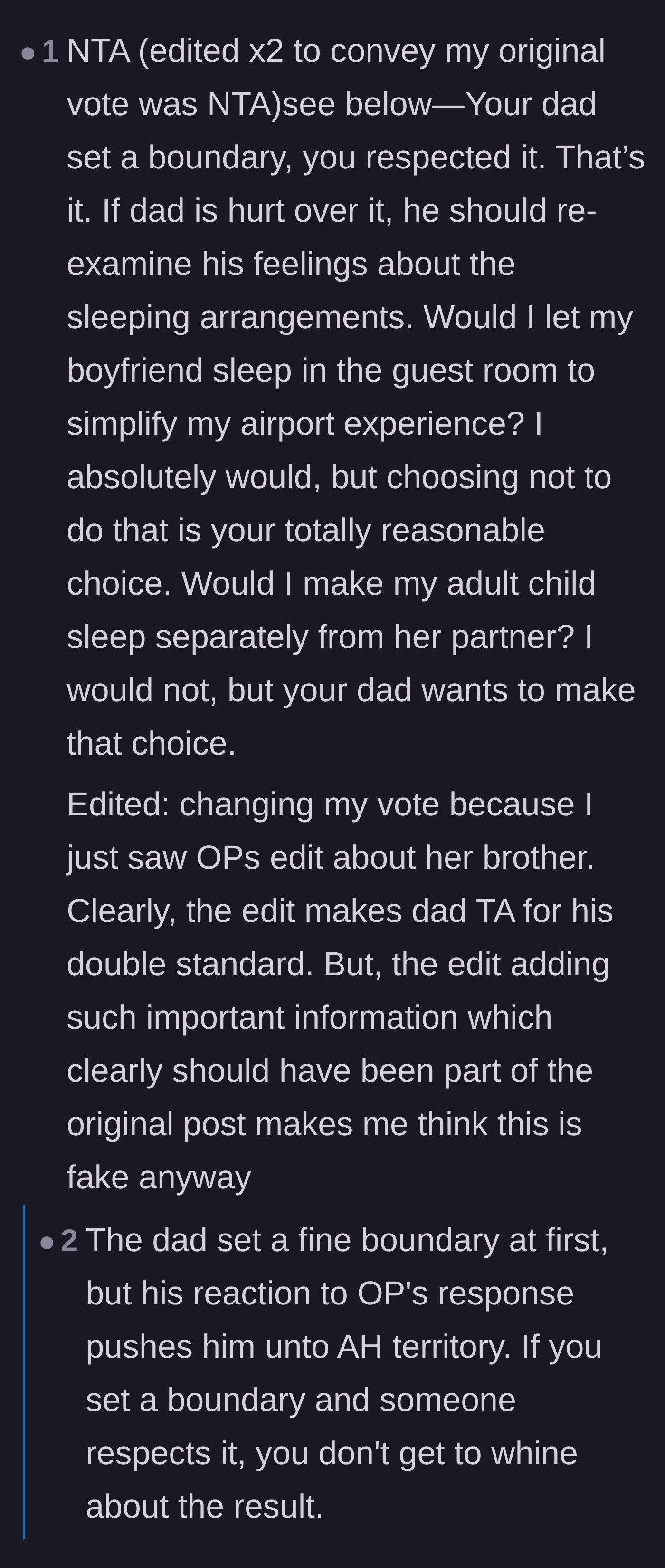 Comment thread 1 - Debating how the father's reaction exposes his need for control and misogyny rather than just setting a simple boundary.