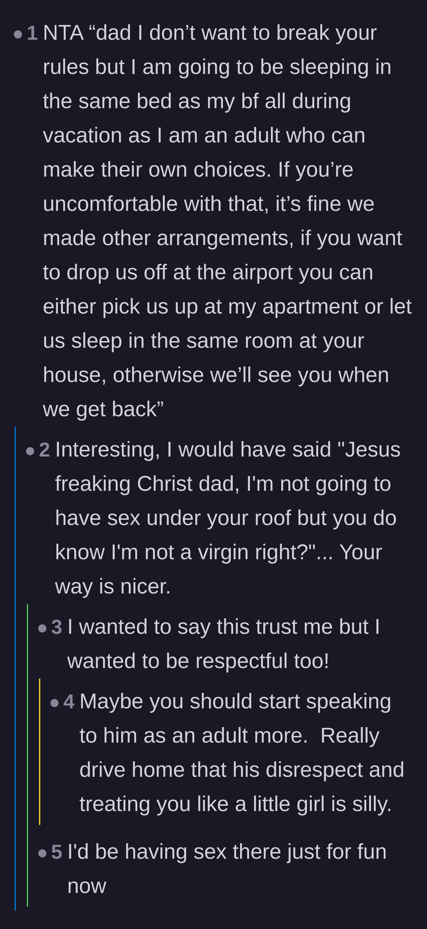 Comment thread 2 - Offering a perfect script to decline the father's offer while asserting adult independence.