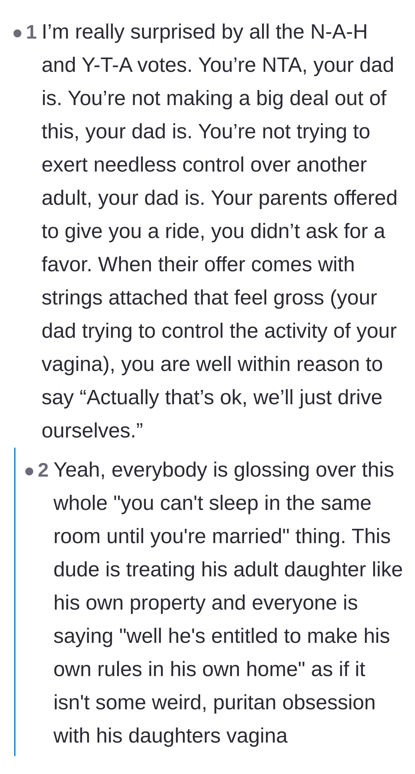 Comment thread 3 - Calling out the father's puritanical obsession with his adult daughter's purity compared to her teenage brother.