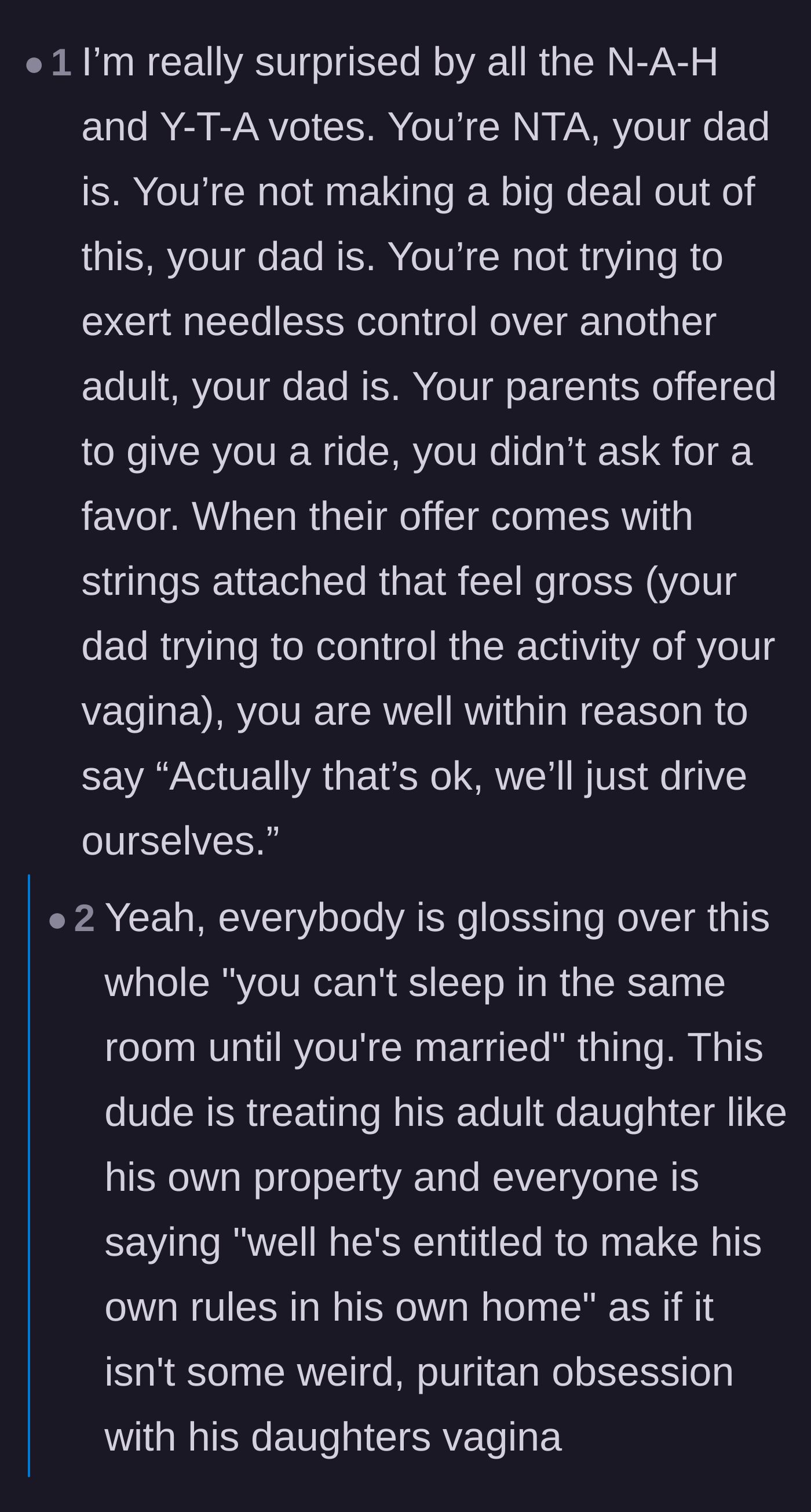 Comment thread 3 - Calling out the father's puritanical obsession with his adult daughter's purity compared to her teenage brother.