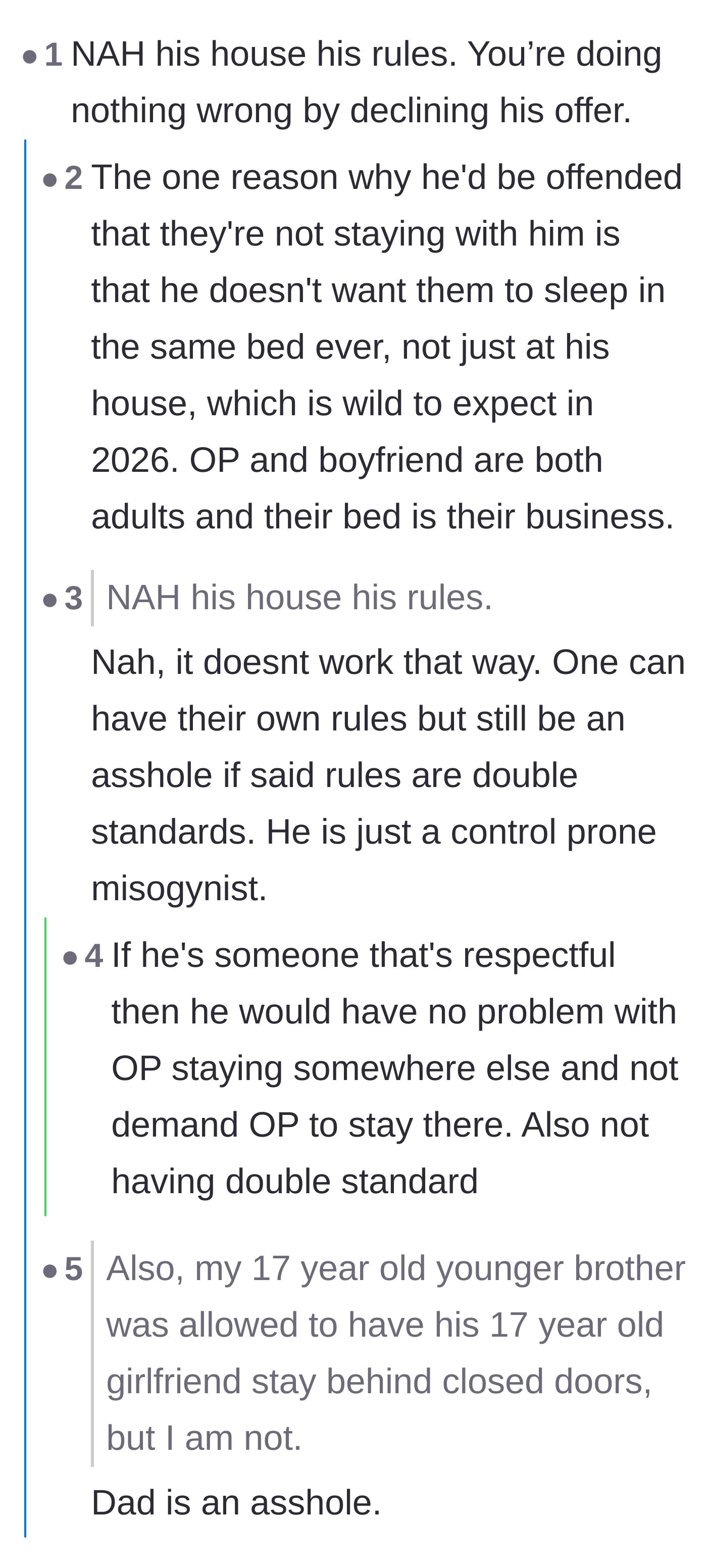 Comment thread 4 - Arguing that 'his house, his rules' doesn't excuse blatant misogynistic double standards.