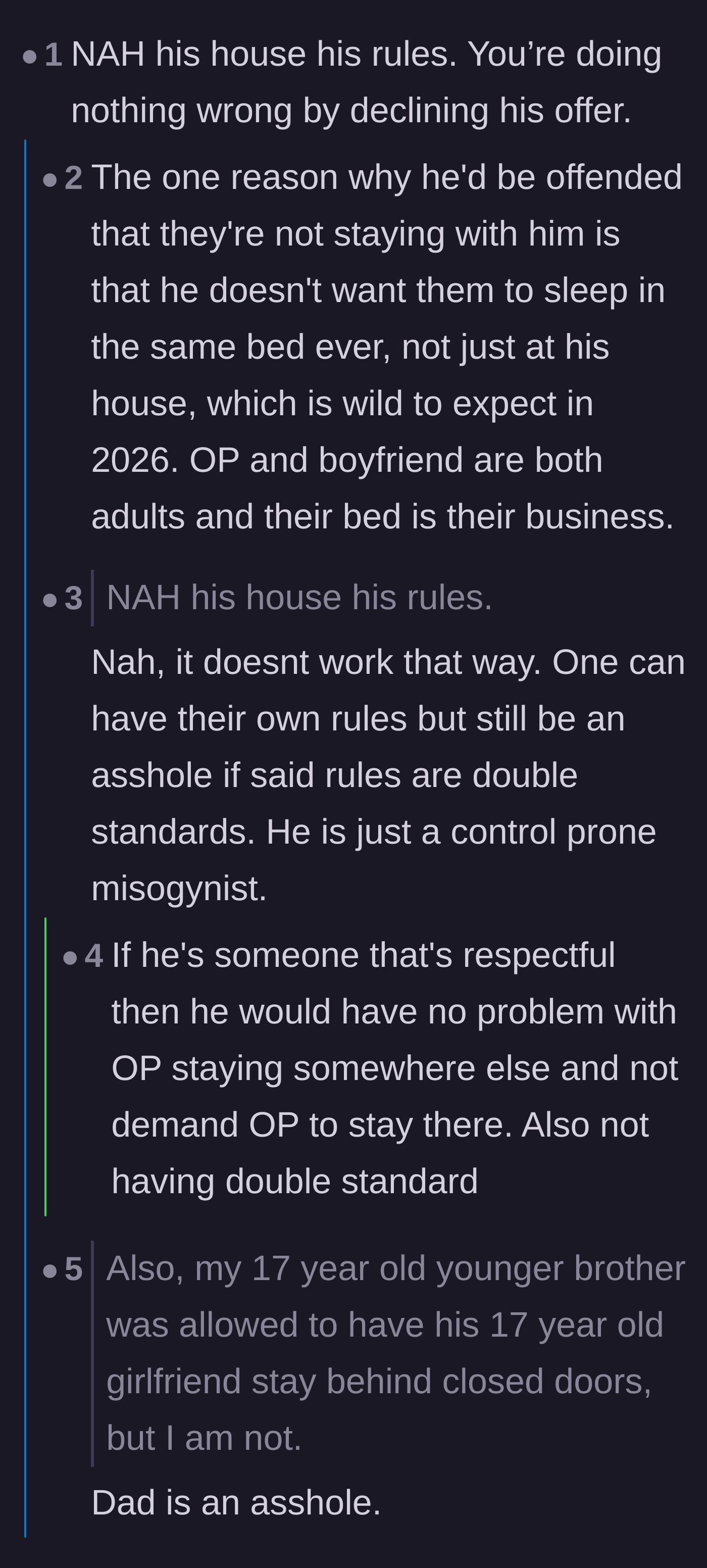 Comment thread 4 - Arguing that 'his house, his rules' doesn't excuse blatant misogynistic double standards.