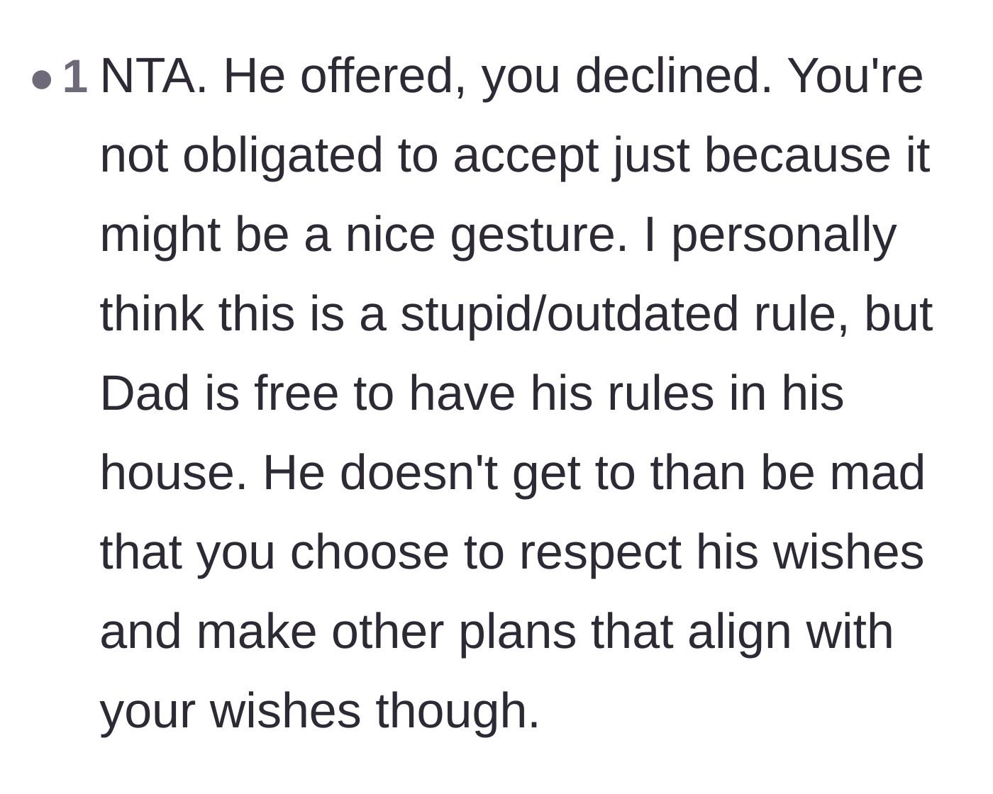 Comment thread 5 - Pointing out the father's hypocrisy in getting angry when his daughter respectfully chose alternative plans.