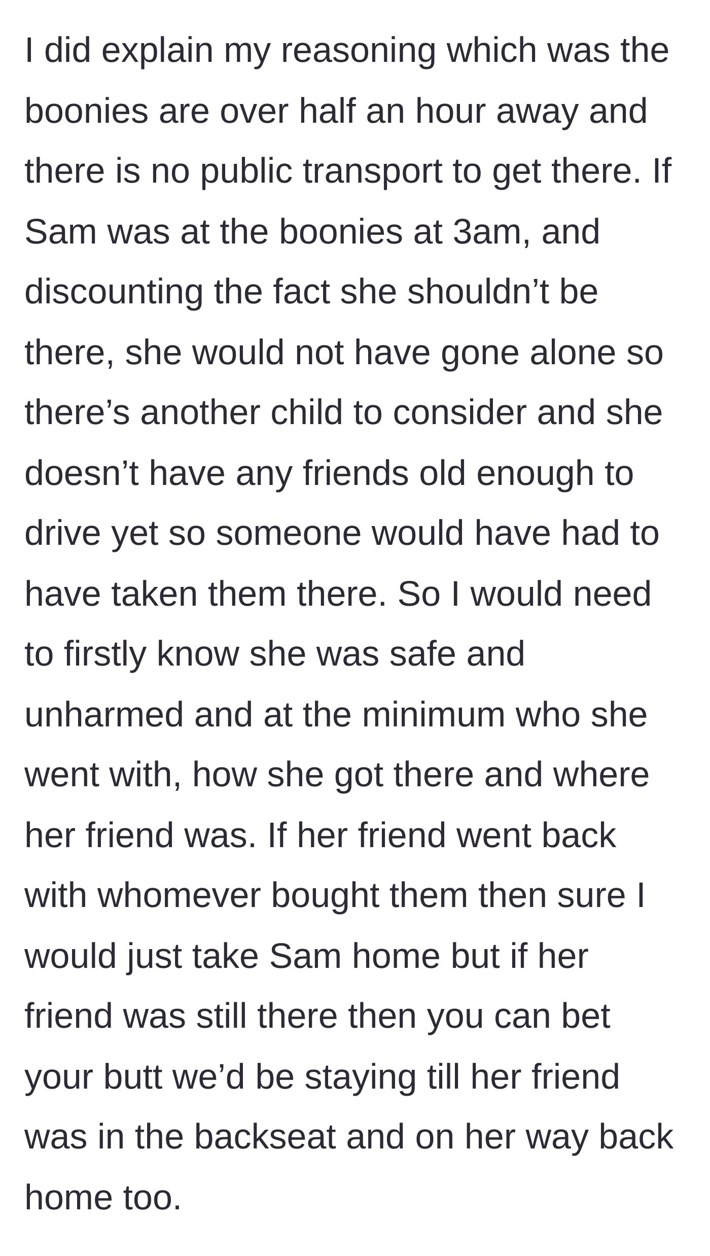 Story part 3 - The aunt explains the logistics of a 13-year-old being stranded 30 minutes away and the need to ensure no other children are left behind in danger.