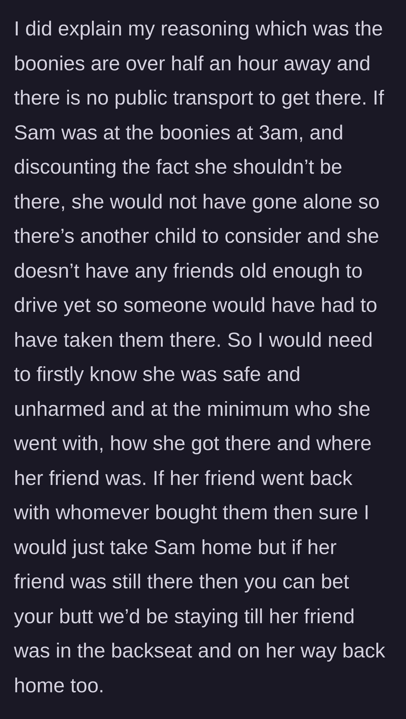 Story part 3 - The aunt explains the logistics of a 13-year-old being stranded 30 minutes away and the need to ensure no other children are left behind in danger.