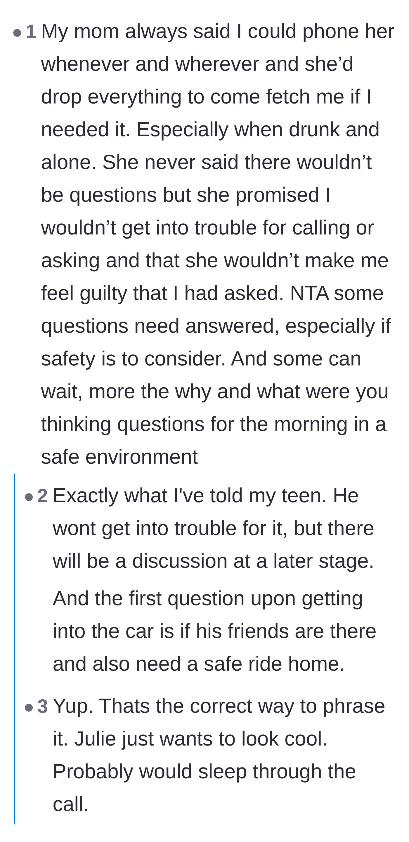 Comment thread 1 - Readers discussing how to delay a serious conversation without ignoring immediate safety concerns.