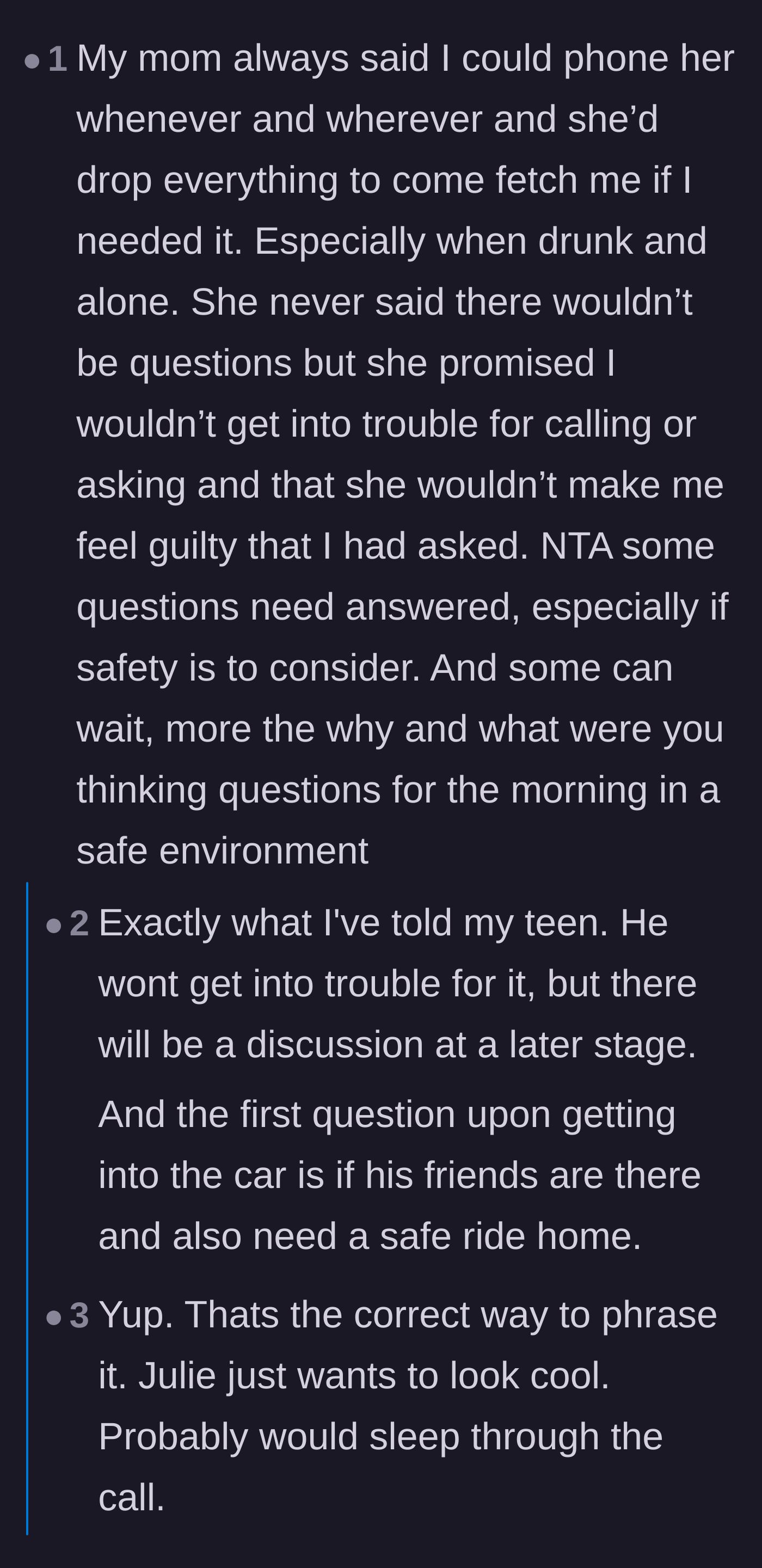 Comment thread 1 - Readers discussing how to delay a serious conversation without ignoring immediate safety concerns.