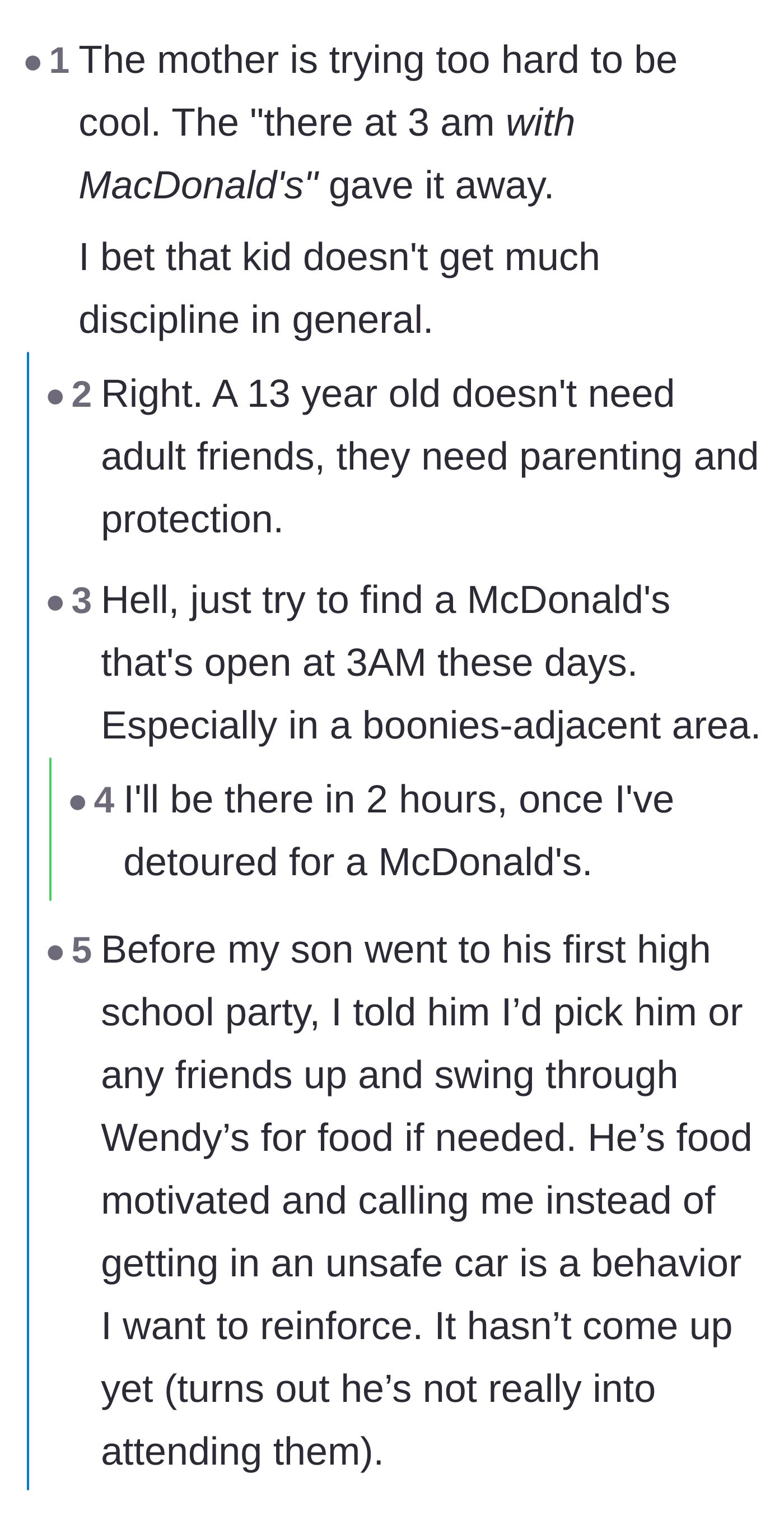 Comment thread 3 - Mocking the friend's unrealistic promise of bringing fast food to a middle-of-the-night emergency.