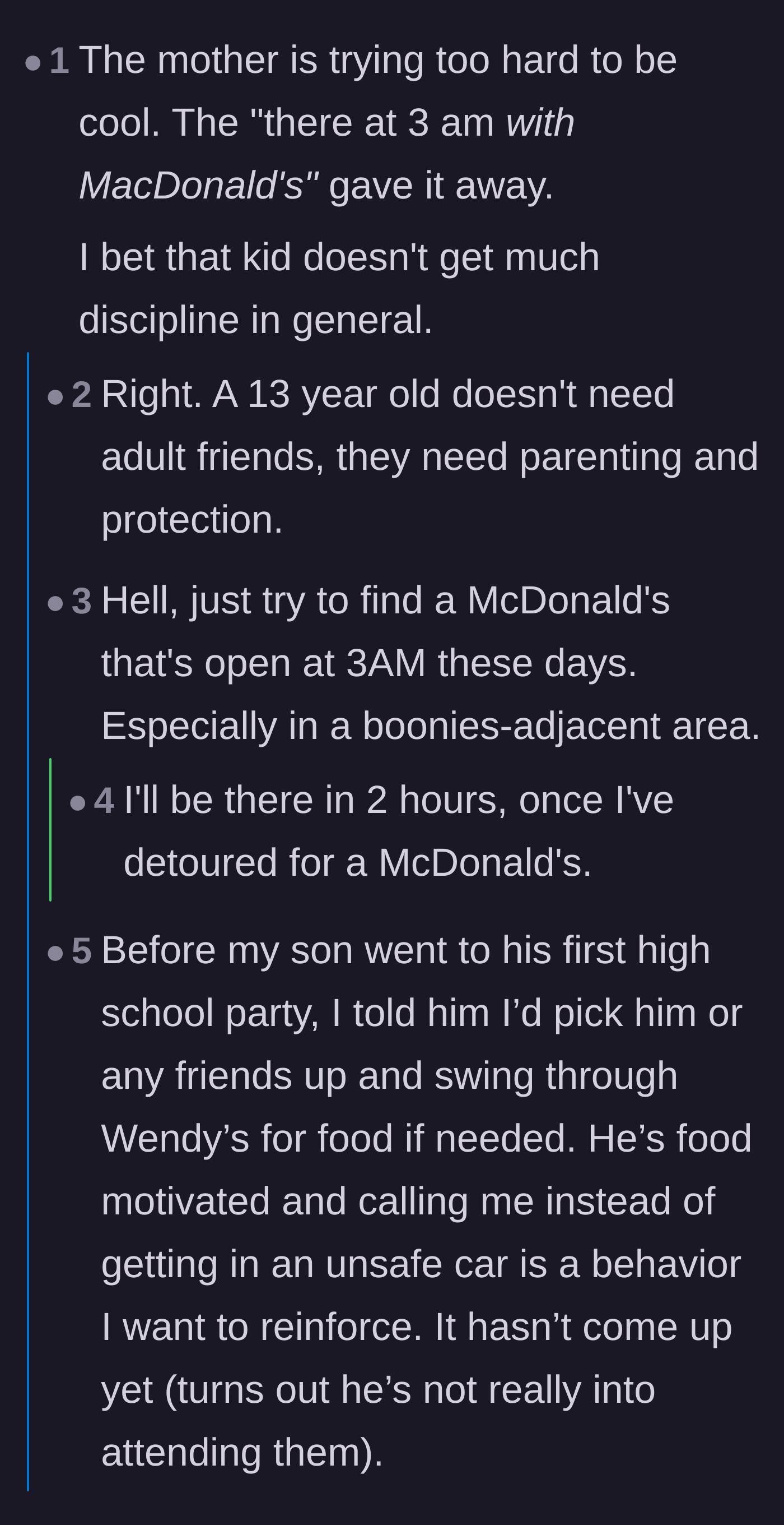Comment thread 3 - Mocking the friend's unrealistic promise of bringing fast food to a middle-of-the-night emergency.