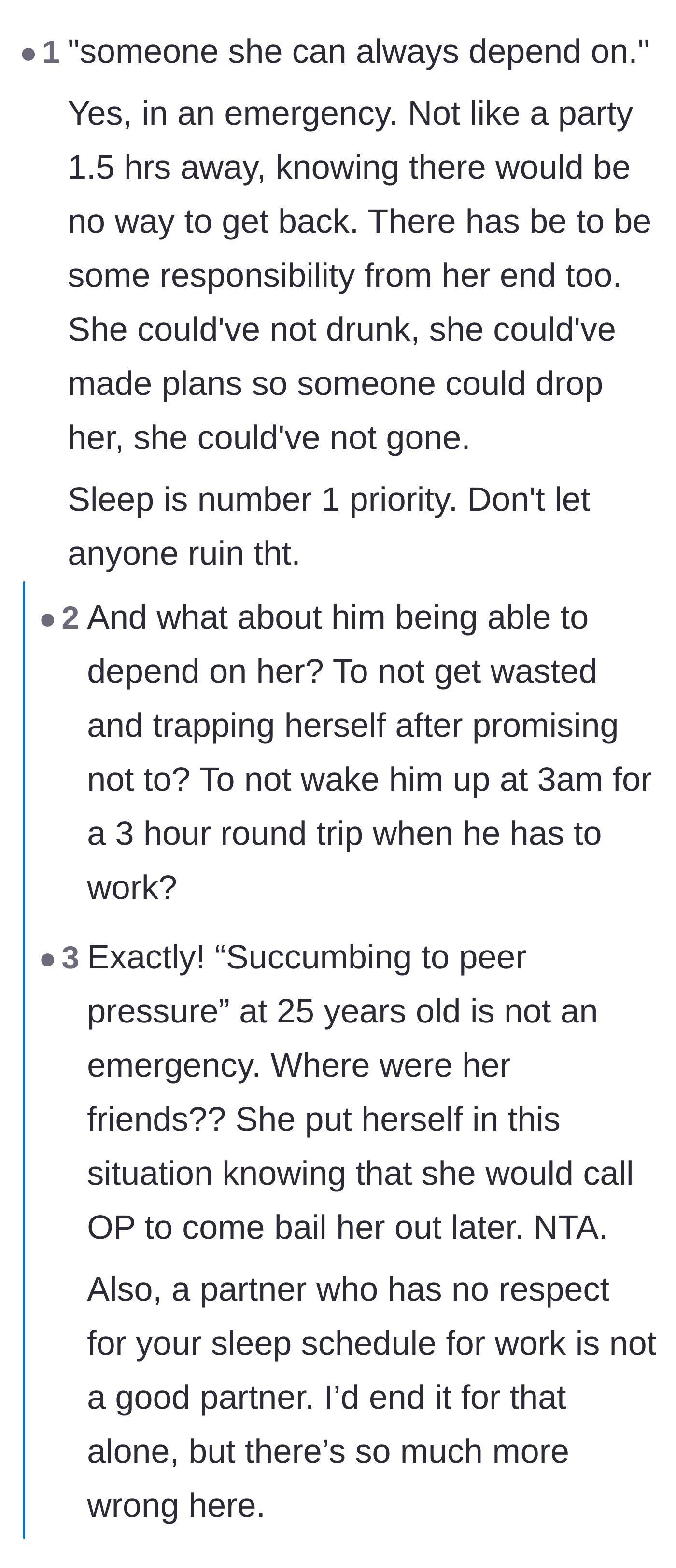 Comment thread 5 - Readers breaking down the difference between an actual emergency and a self-inflicted party problem, prioritizing sleep.