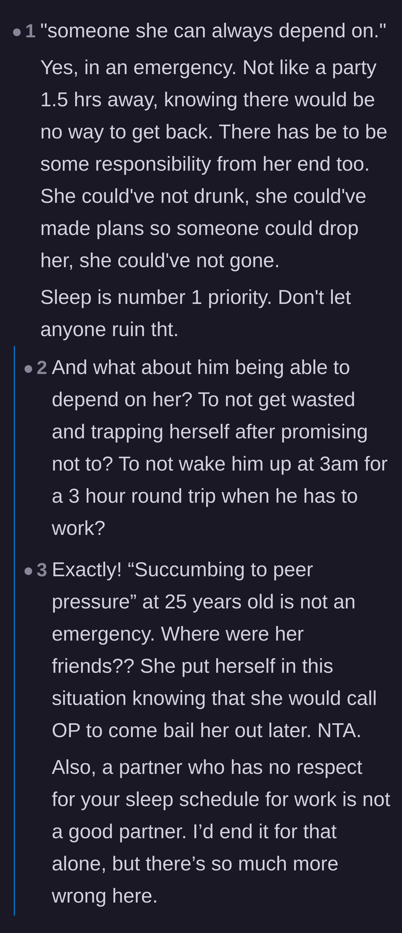 Comment thread 5 - Readers breaking down the difference between an actual emergency and a self-inflicted party problem, prioritizing sleep.