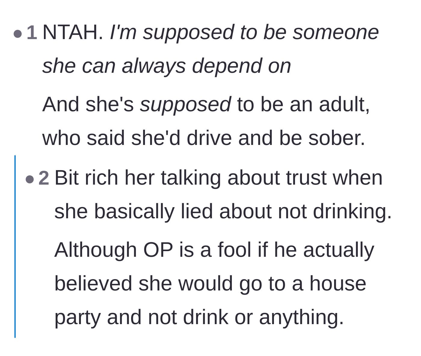 Comment thread 6 - Commenters pointing out the girlfriend's hypocrisy for bringing up trust after she broke her promise to stay sober.