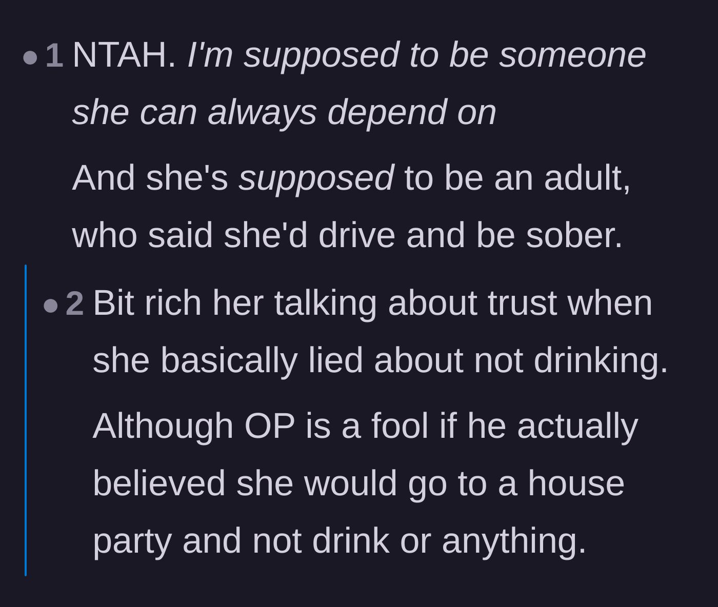 Comment thread 6 - Commenters pointing out the girlfriend's hypocrisy for bringing up trust after she broke her promise to stay sober.