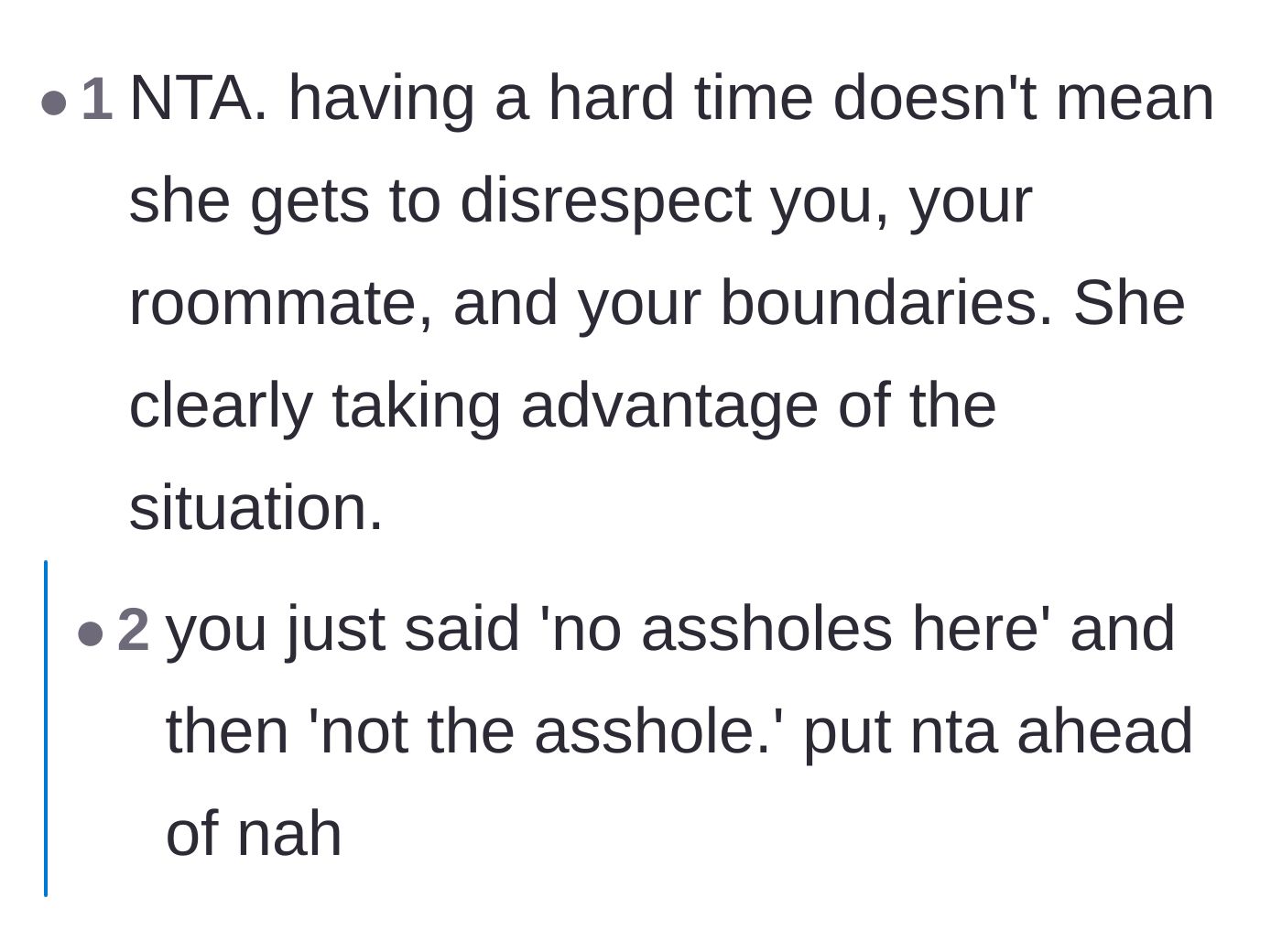 Comment thread 5 - Pointing out the comedy in the comment tags while agreeing that struggling isn't an excuse for bad manners.